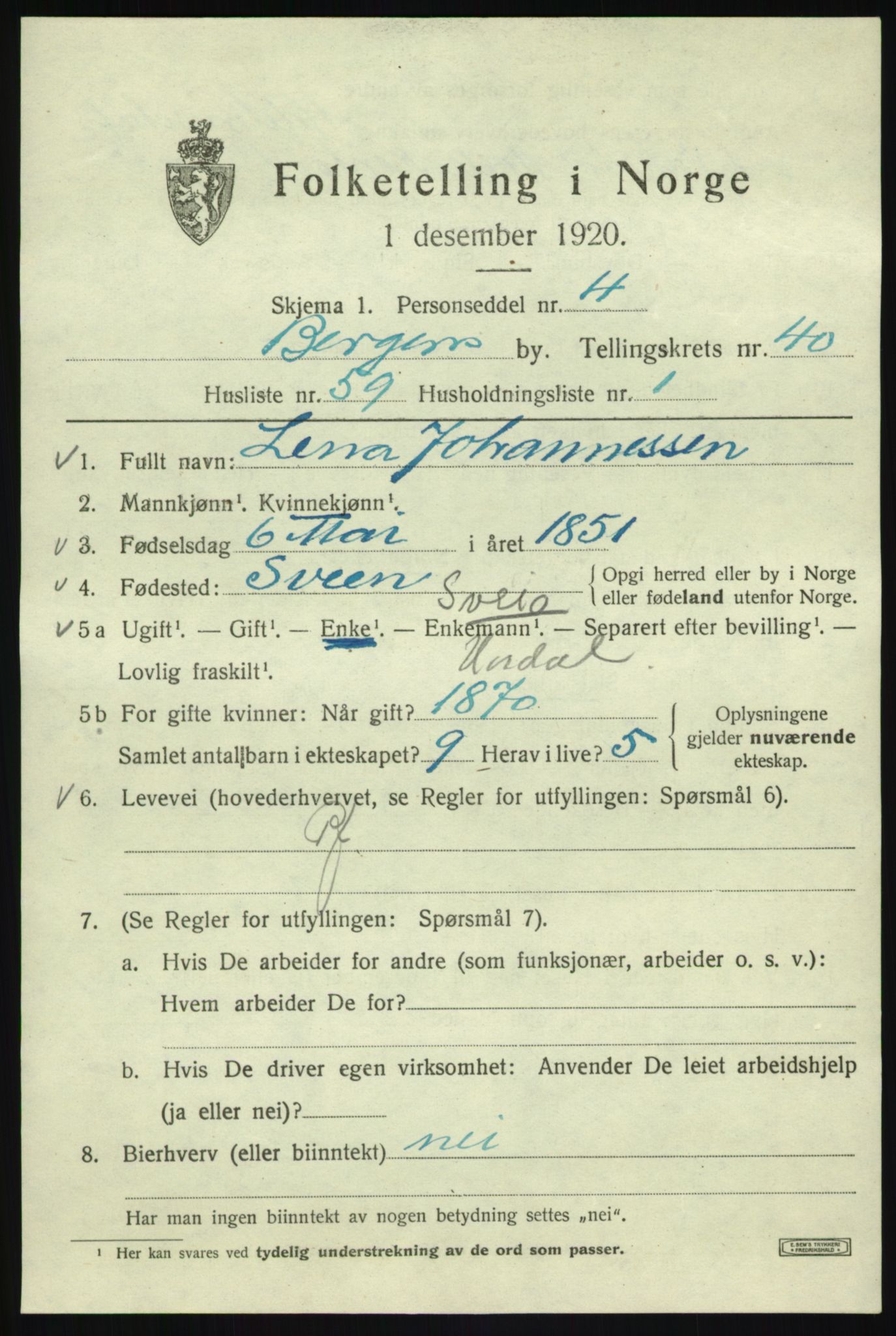 SAB, Folketelling 1920 for 1301 Bergen kjøpstad, 1920, s. 109198