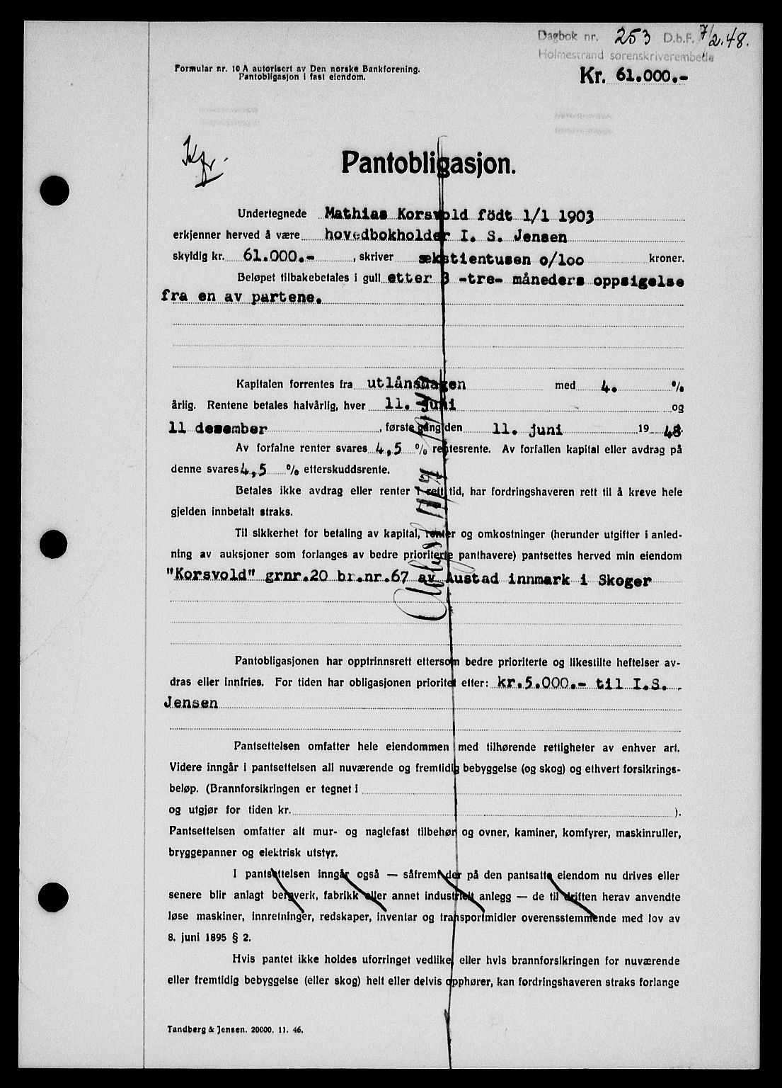 Holmestrand sorenskriveri, SAKO/A-67/G/Ga/Gab/L0058: Pantebok nr. B-58, 1947-1948, Dagboknr: 253/1948