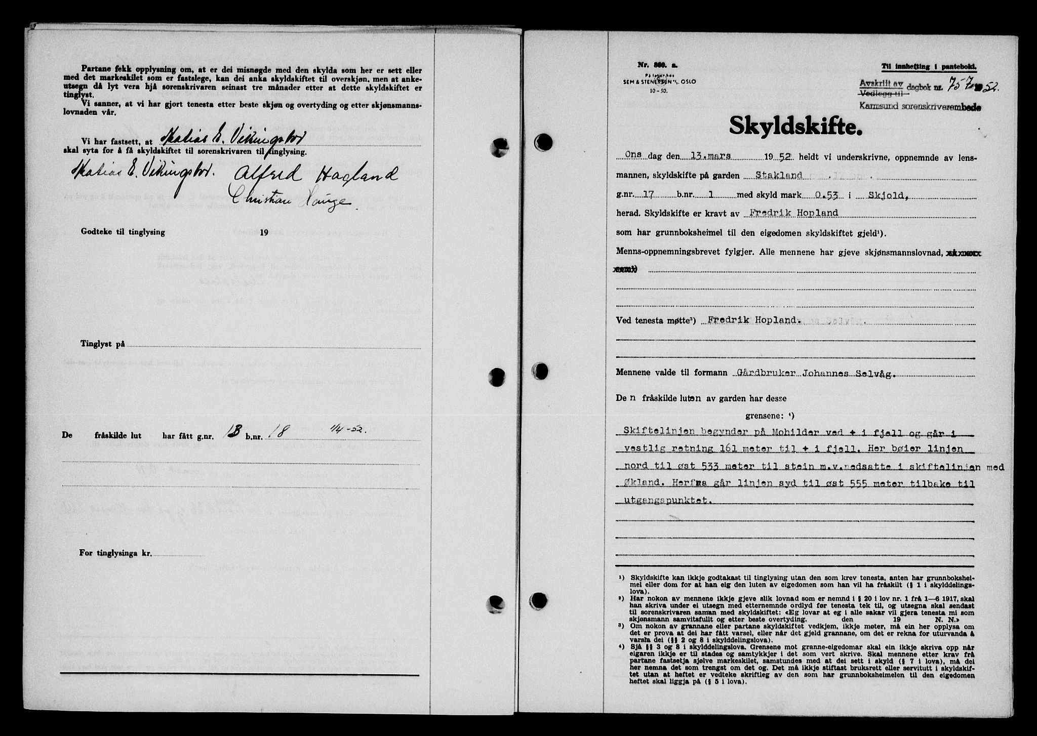 Karmsund sorenskriveri, SAST/A-100311/01/II/IIB/L0105: Pantebok nr. 85A, 1952-1952, Dagboknr: 757/1952