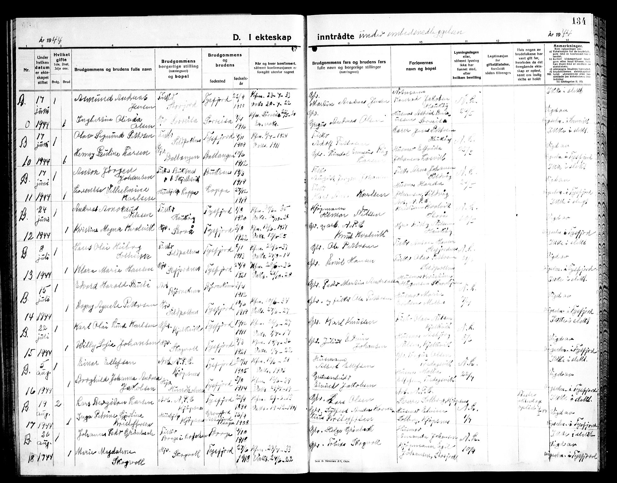 Ministerialprotokoller, klokkerbøker og fødselsregistre - Nordland, AV/SAT-A-1459/861/L0881: Klokkerbok nr. 861C07, 1938-1945, s. 134