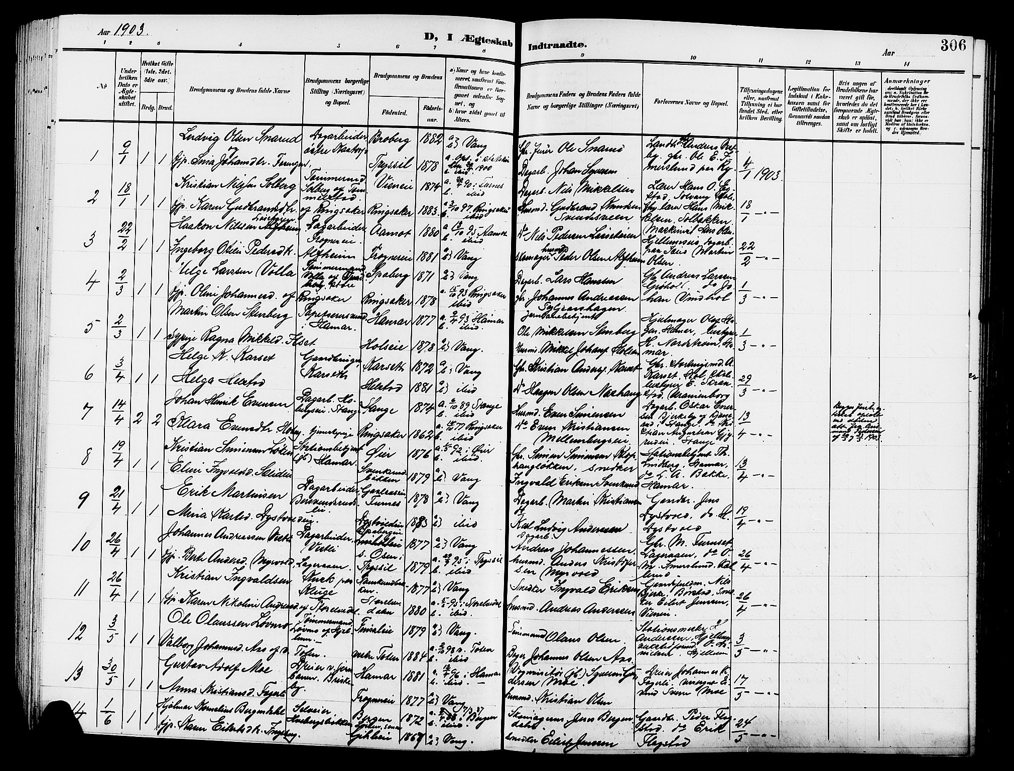 Vang prestekontor, Hedmark, AV/SAH-PREST-008/H/Ha/Hab/L0014: Klokkerbok nr. 14, 1896-1914, s. 306