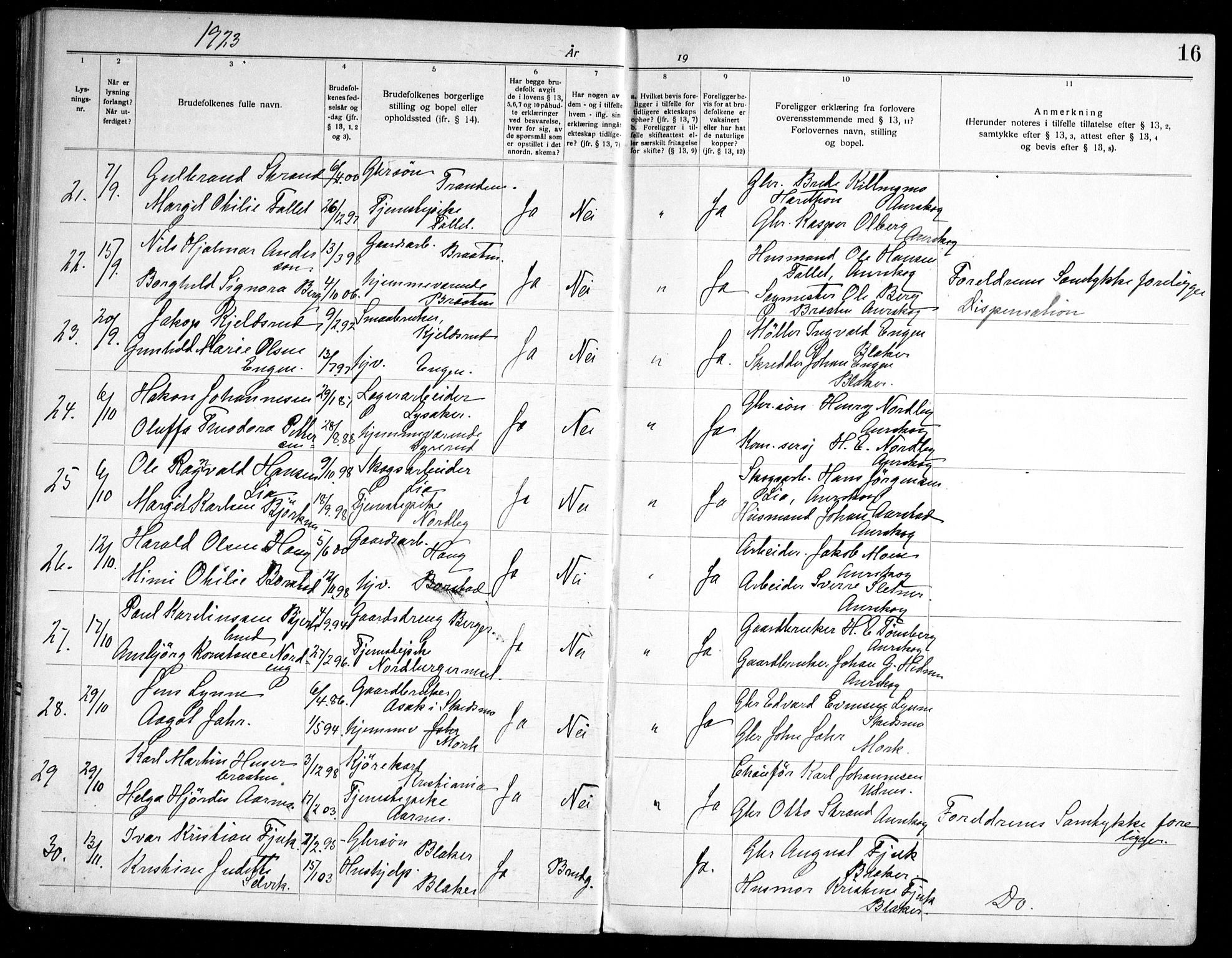 Aurskog prestekontor Kirkebøker, AV/SAO-A-10304a/H/Ha/L0002: Lysningsprotokoll nr. 2, 1919-1947, s. 16