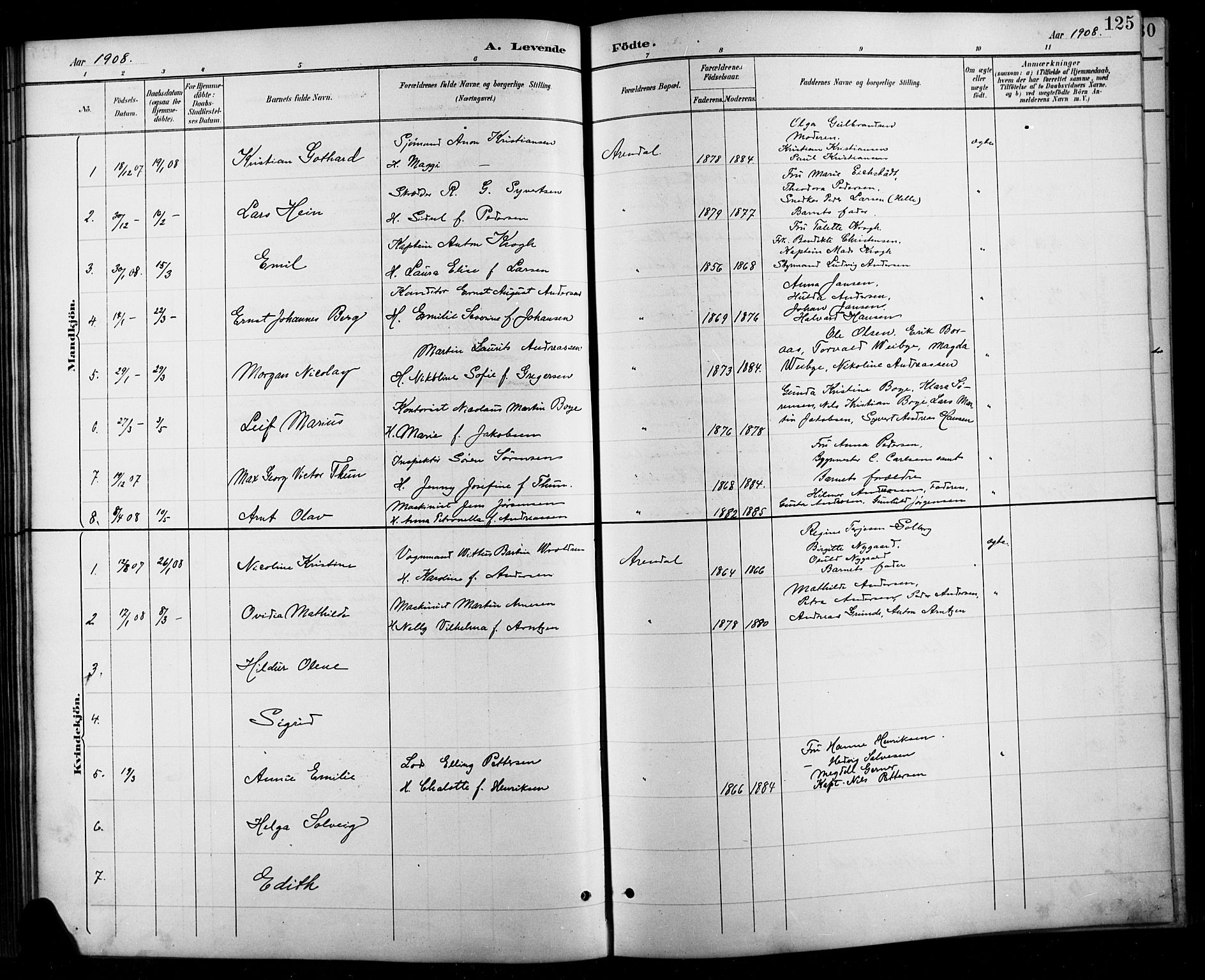 Arendal sokneprestkontor, Trefoldighet, AV/SAK-1111-0040/F/Fb/L0006: Klokkerbok nr. B 6, 1889-1916, s. 125