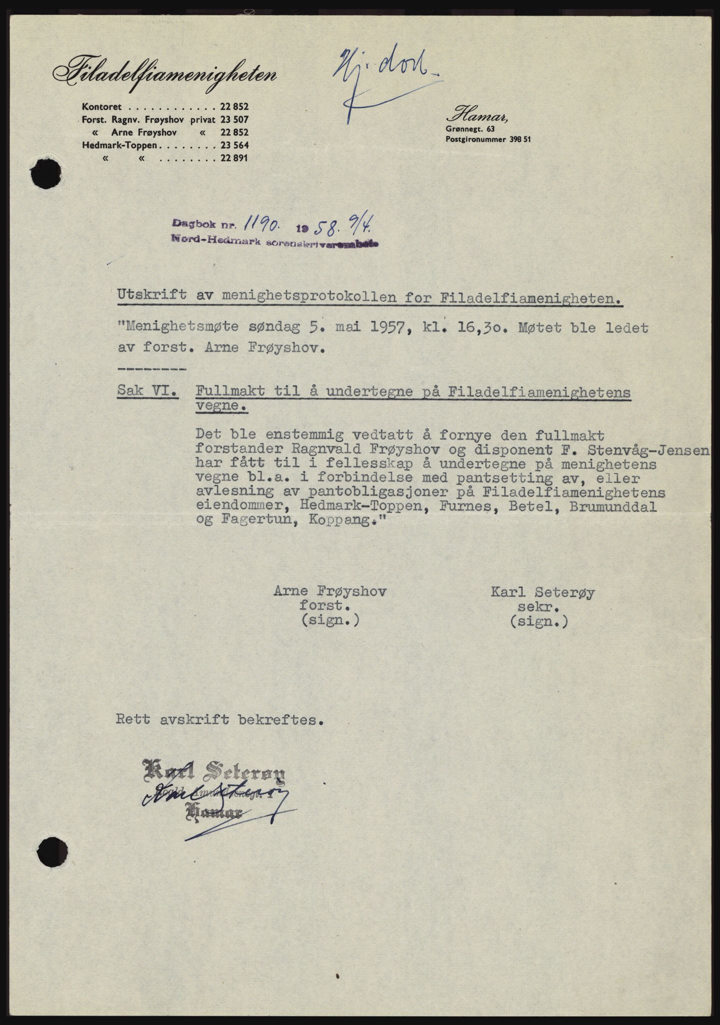 Nord-Hedmark sorenskriveri, SAH/TING-012/H/Hc/L0012: Pantebok nr. 12, 1957-1958, Dagboknr: 1190/1958