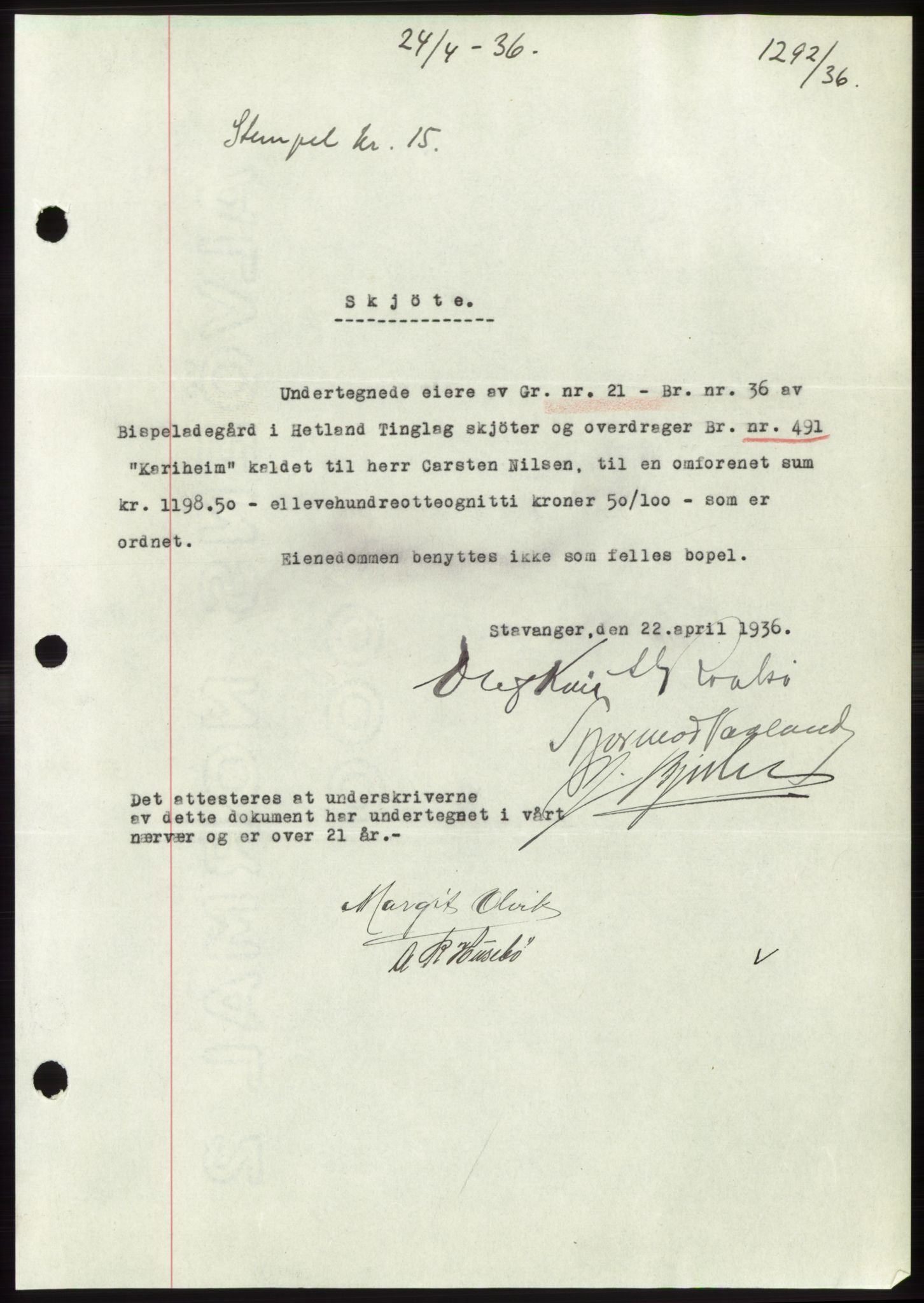 Jæren sorenskriveri, SAST/A-100310/03/G/Gba/L0065: Pantebok nr. 71, 1936-1936, Dagboknr: 1292/1936