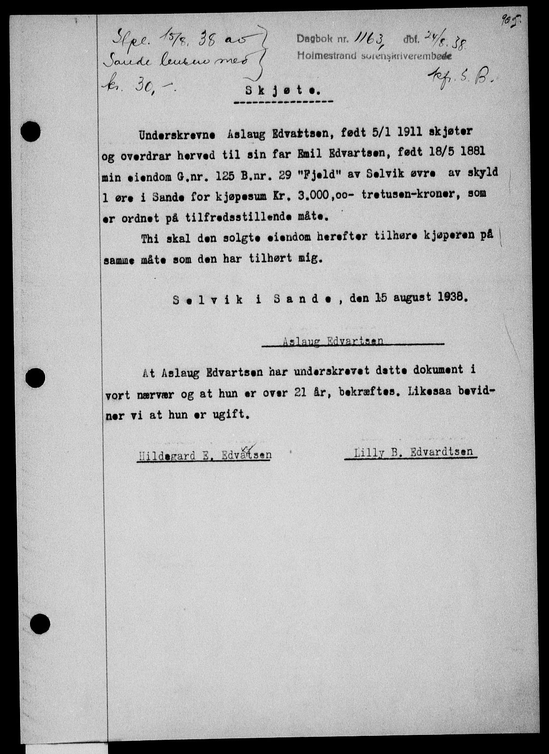 Holmestrand sorenskriveri, SAKO/A-67/G/Ga/Gaa/L0049: Pantebok nr. A-49, 1937-1938, Dagboknr: 1163/1938