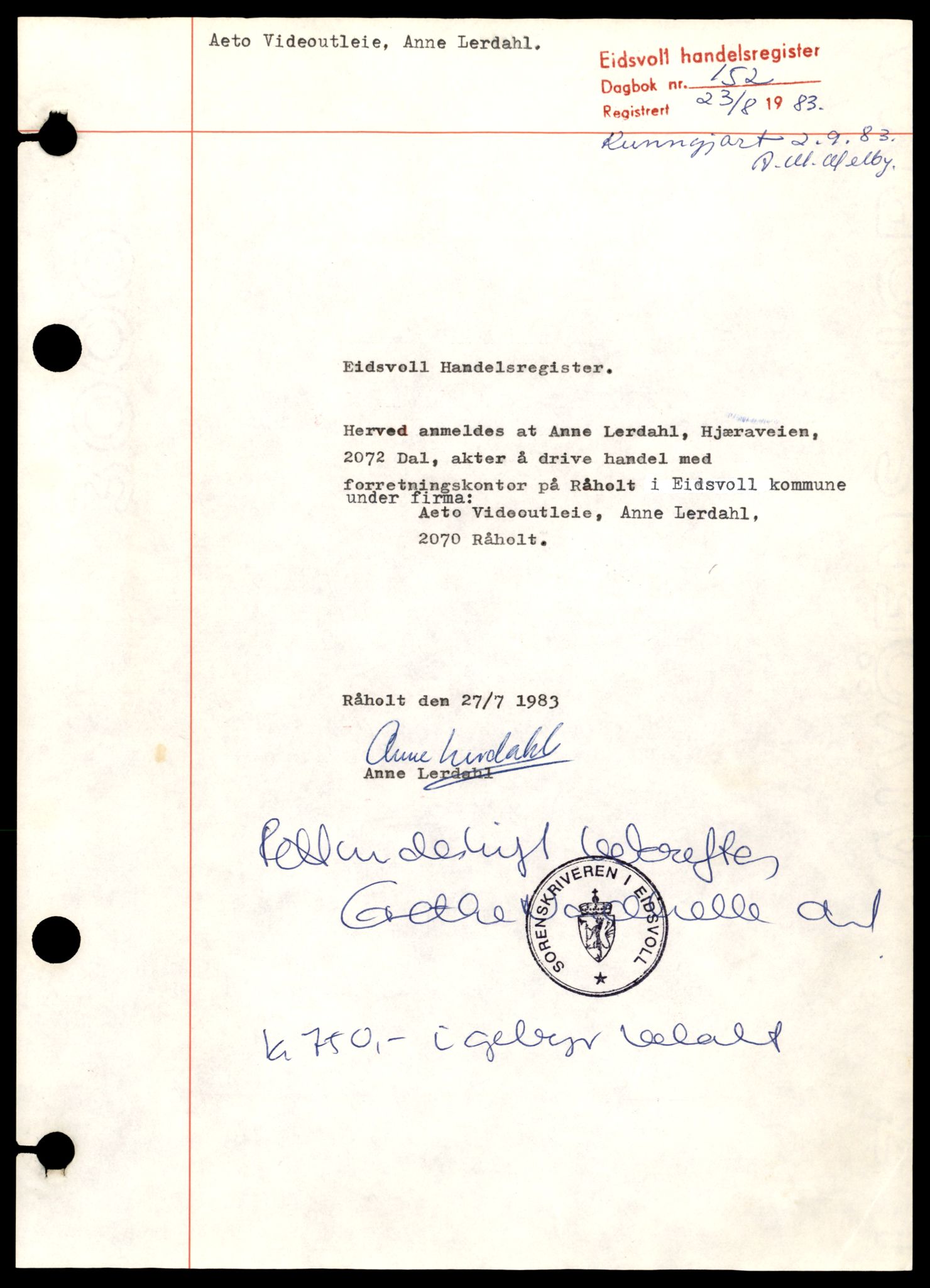 Eidsvoll tingrett, AV/SAT-A-10371/K/Kc/Kca/L0001:  Enkeltmannsforetak, A-J , 1944-1990, s. 3