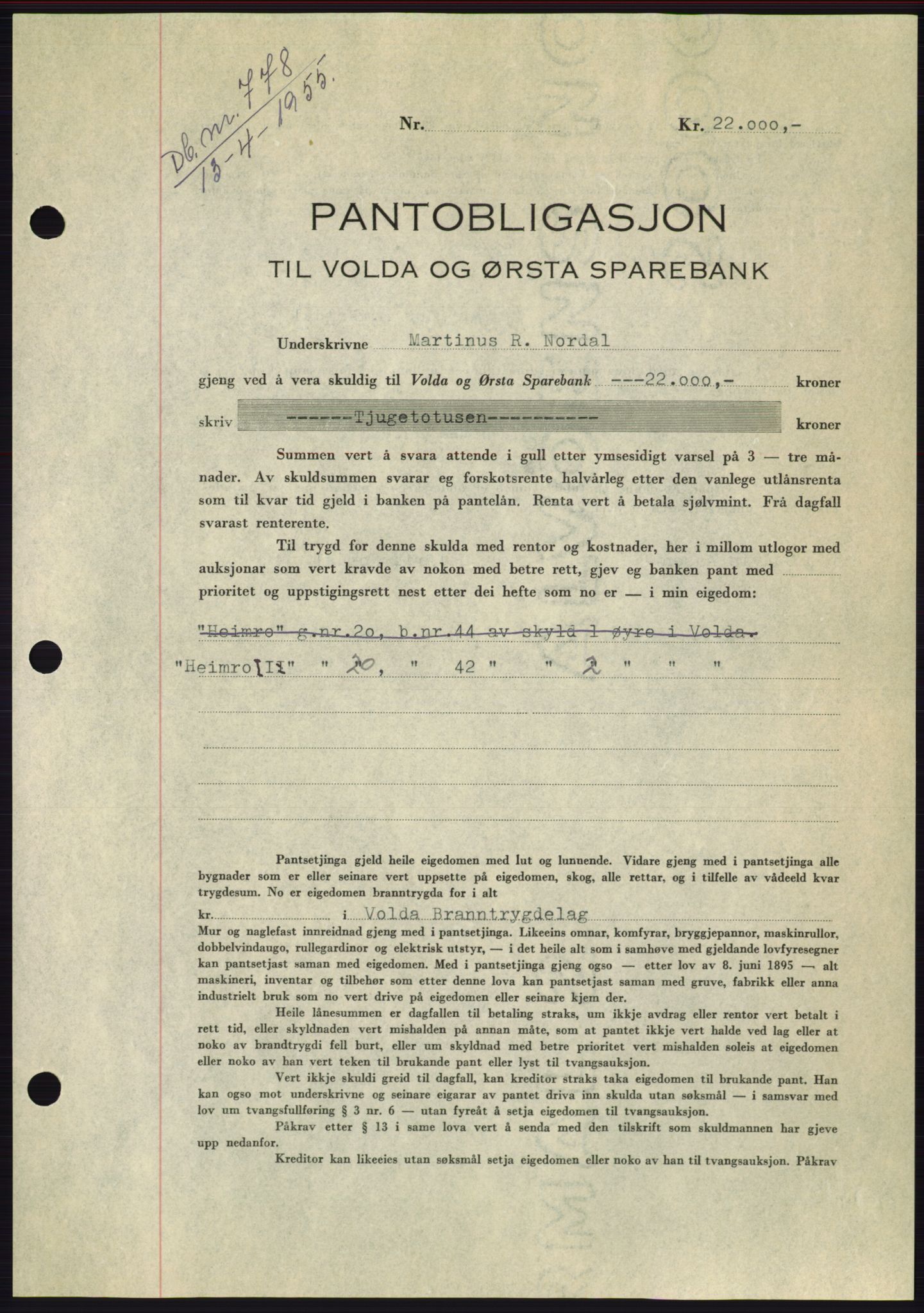 Søre Sunnmøre sorenskriveri, AV/SAT-A-4122/1/2/2C/L0126: Pantebok nr. 14B, 1954-1955, Dagboknr: 778/1955