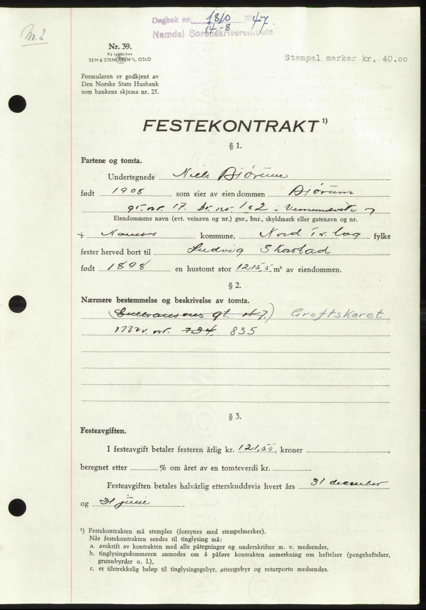 Namdal sorenskriveri, SAT/A-4133/1/2/2C: Pantebok nr. -, 1947-1947, Dagboknr: 1810/1947