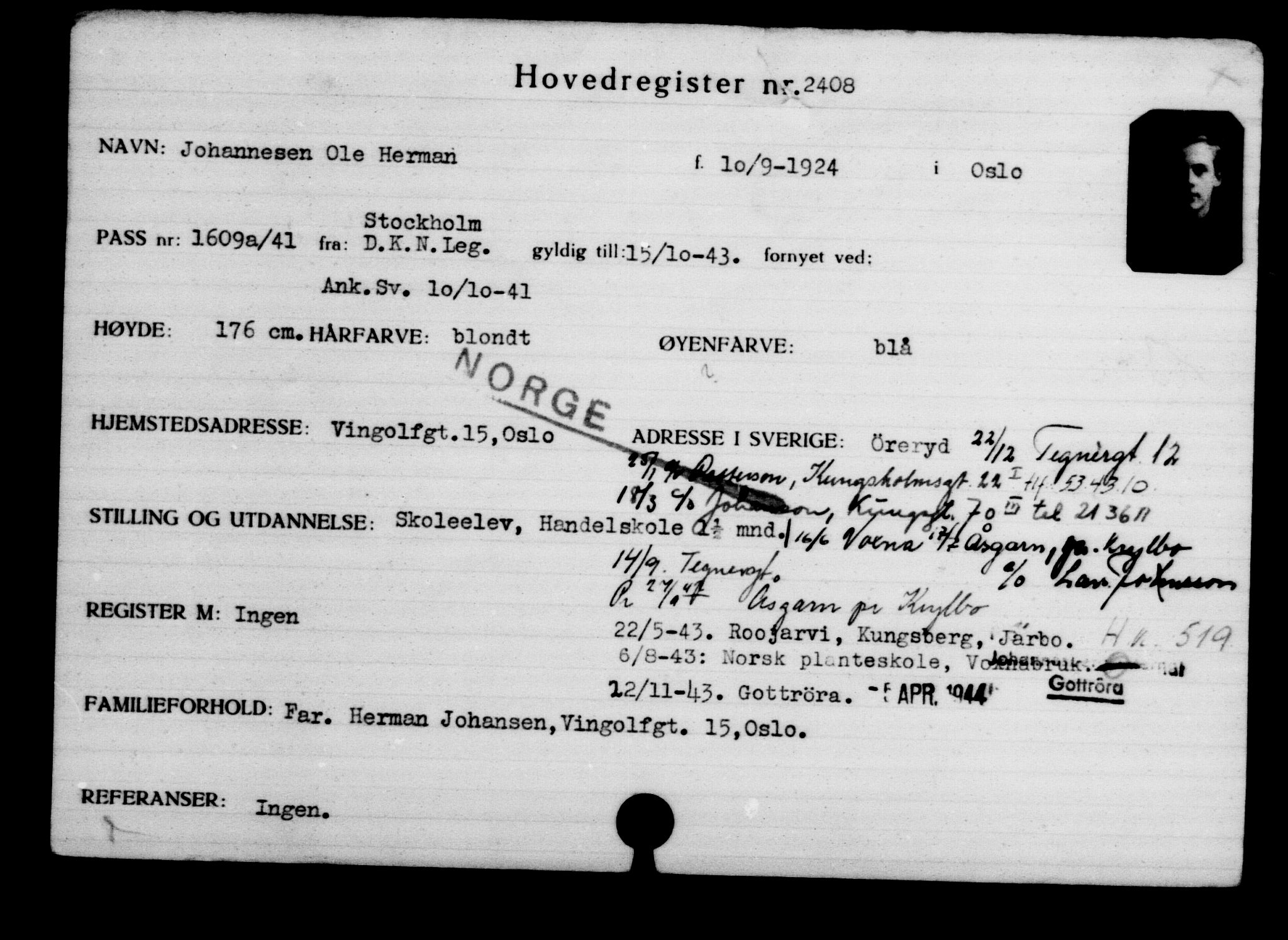 Utenriksstasjonene, Legasjonen i Stockholm, Flyktningkontoret, AV/RA-S-6753/V/Va/L0003: Kjesäterkartoteket, flyktninger med registreringsnr. 2001-3495, 1940-1945, s. 733