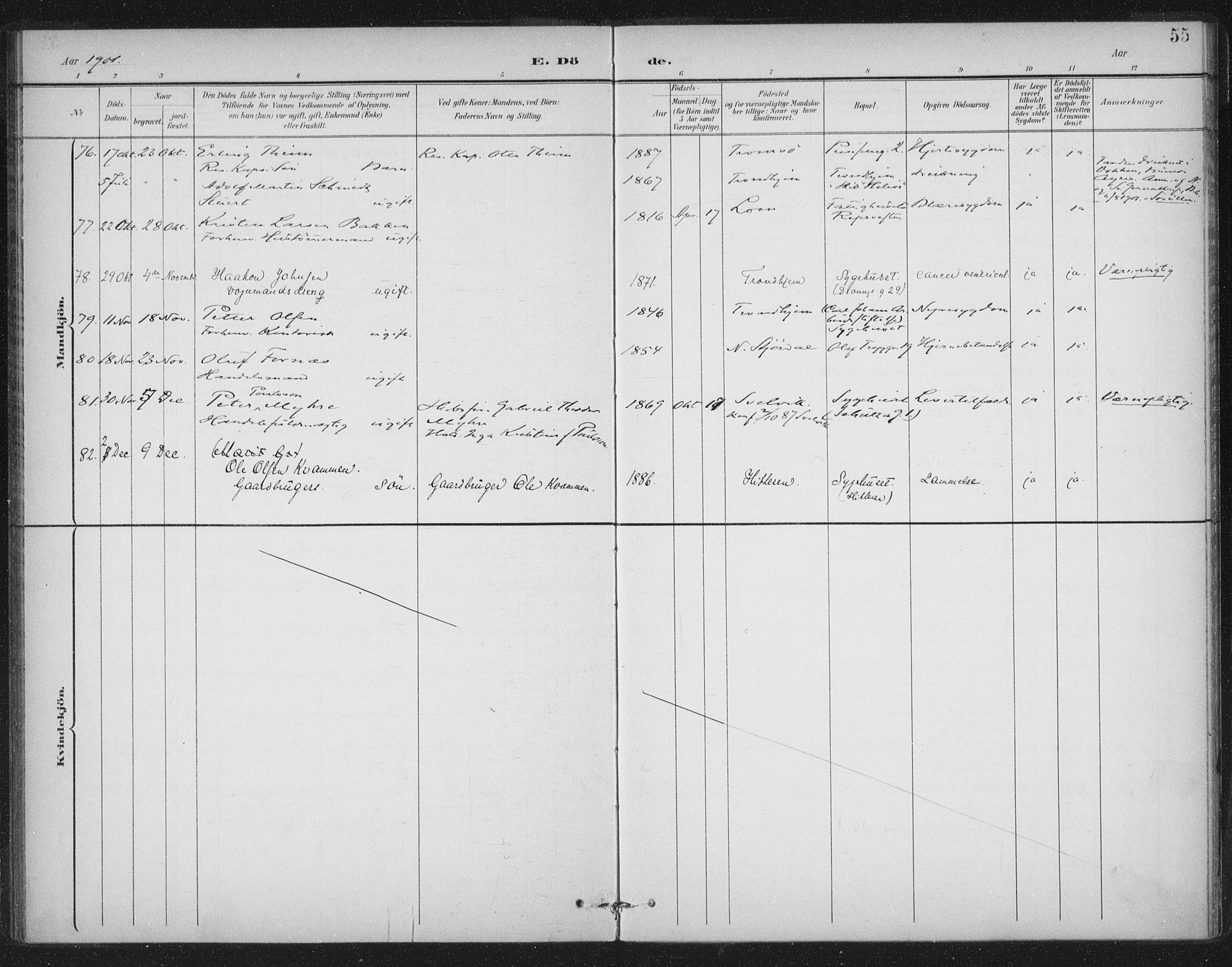 Ministerialprotokoller, klokkerbøker og fødselsregistre - Sør-Trøndelag, SAT/A-1456/602/L0123: Ministerialbok nr. 602A21, 1895-1910, s. 55