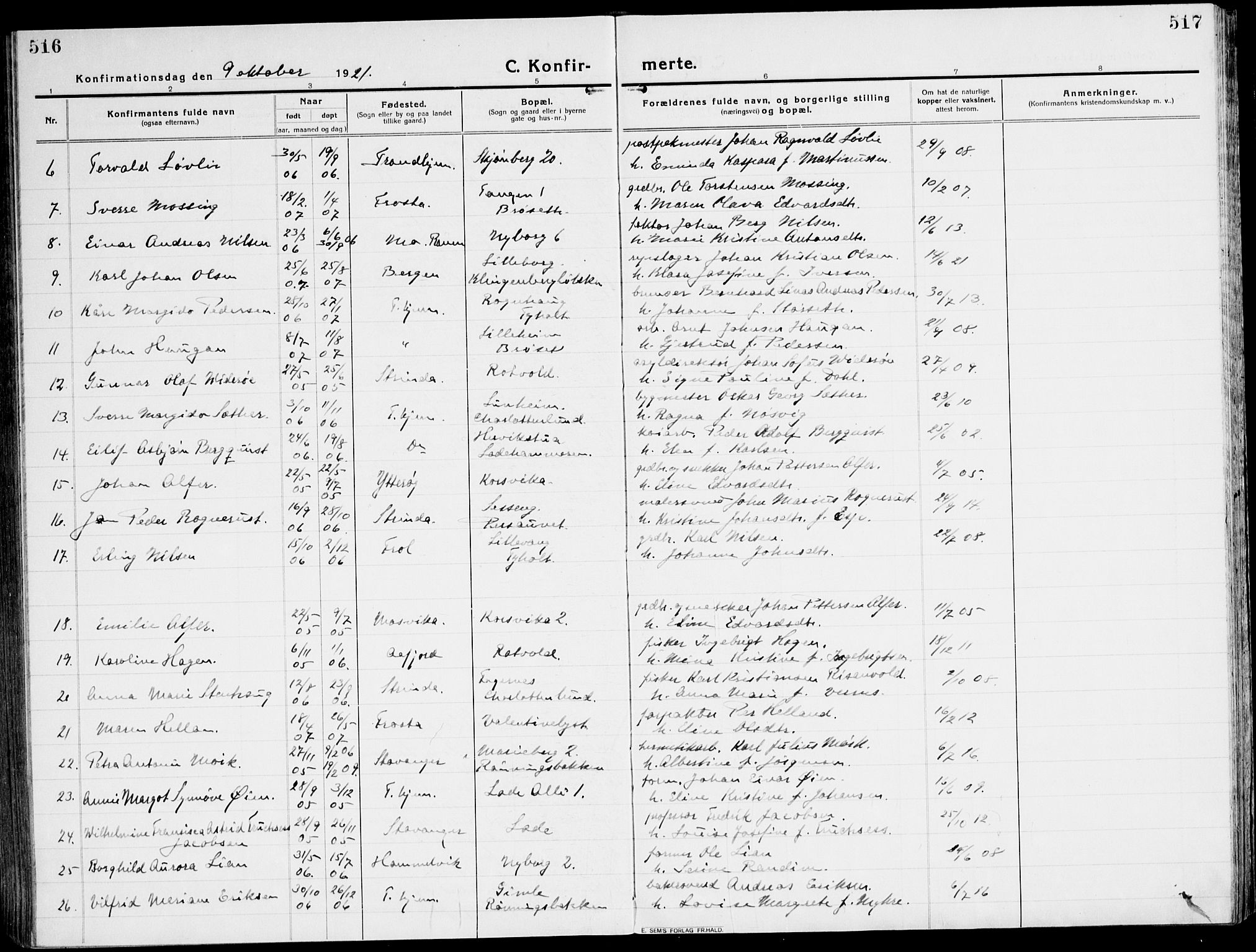 Ministerialprotokoller, klokkerbøker og fødselsregistre - Sør-Trøndelag, SAT/A-1456/607/L0321: Ministerialbok nr. 607A05, 1916-1935, s. 516-517