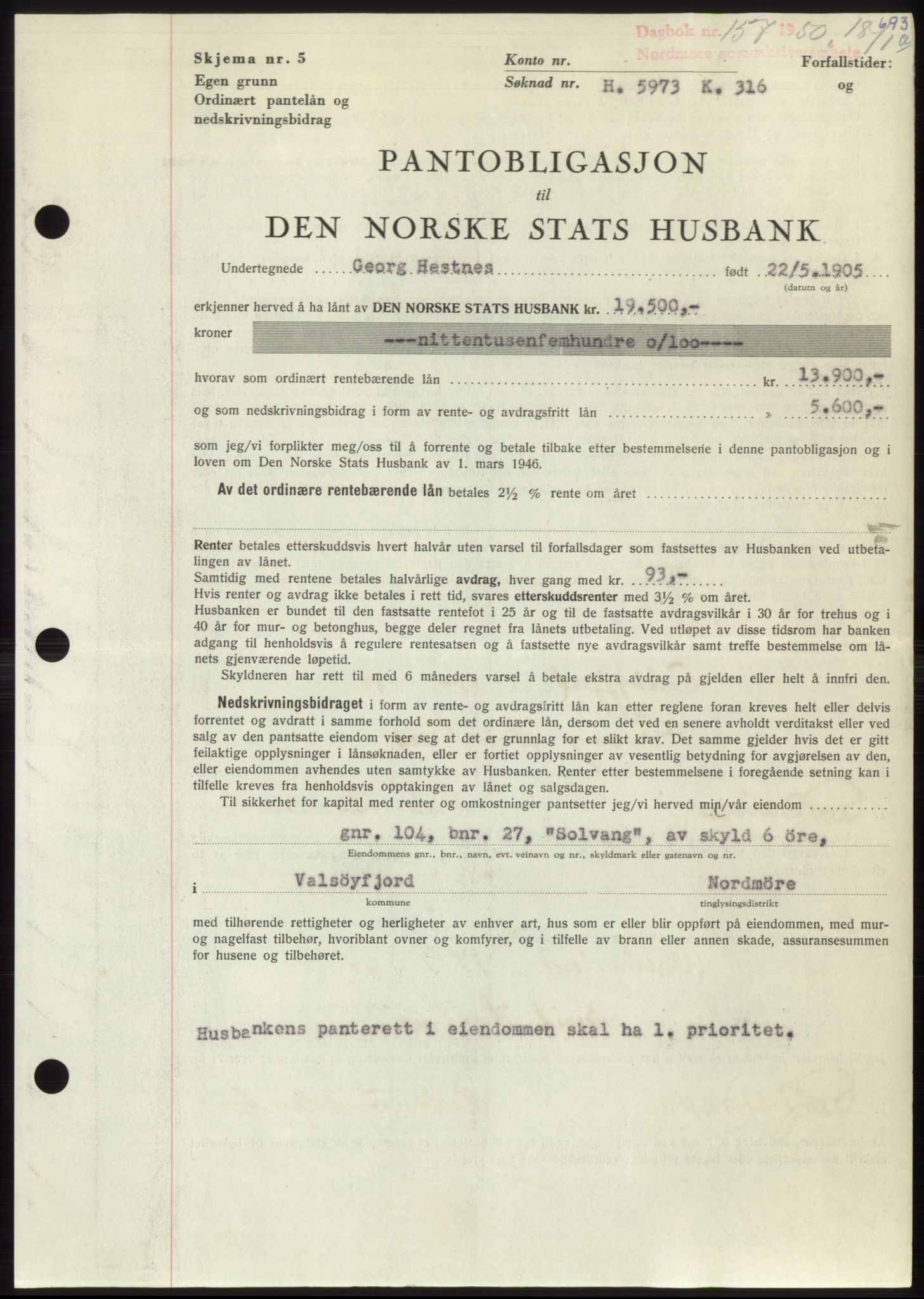 Nordmøre sorenskriveri, SAT/A-4132/1/2/2Ca: Pantebok nr. B103, 1949-1950, Dagboknr: 157/1950
