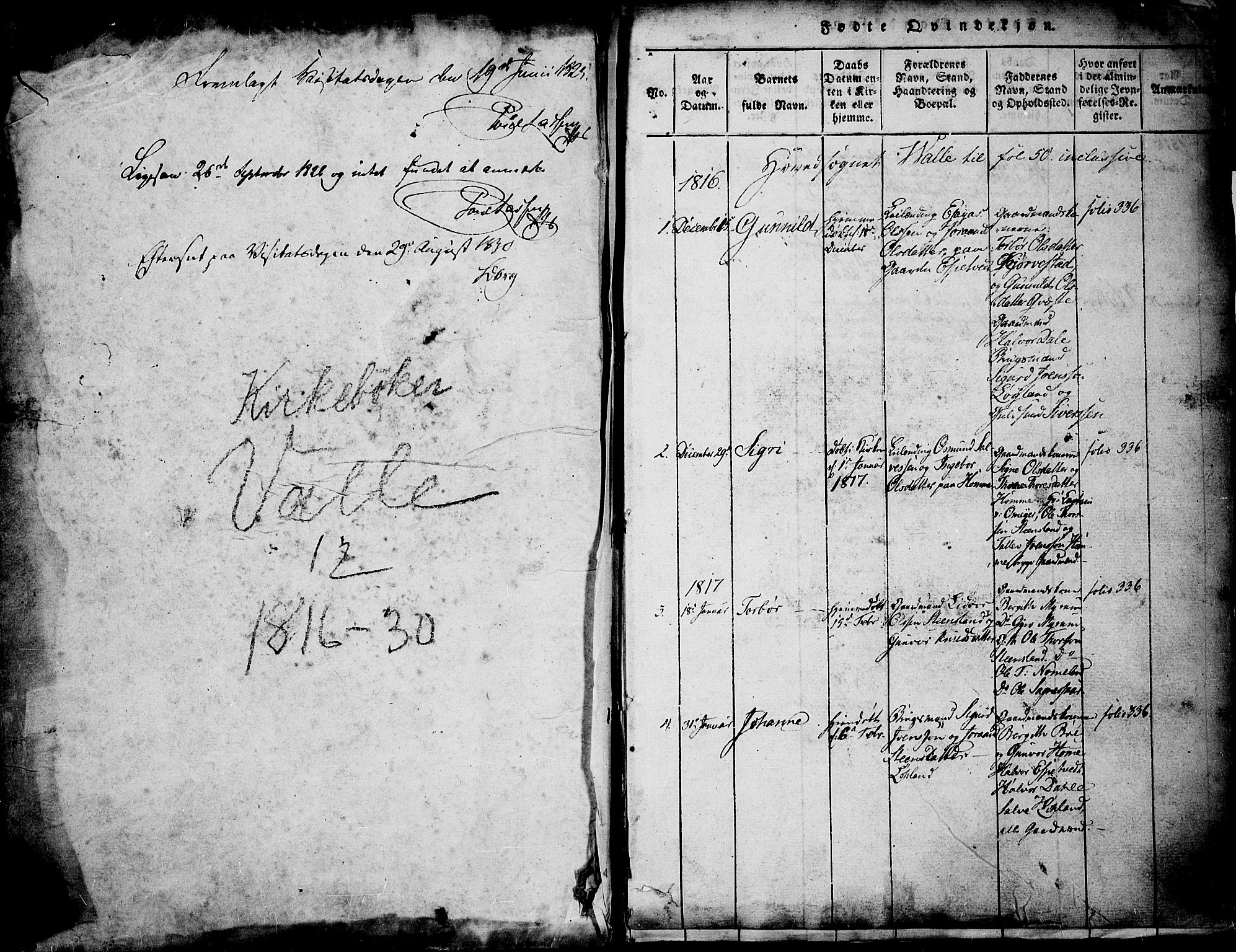Valle sokneprestkontor, AV/SAK-1111-0044/F/Fa/Fac/L0005: Ministerialbok nr. A 5 /2, 1817-1831, s. 1