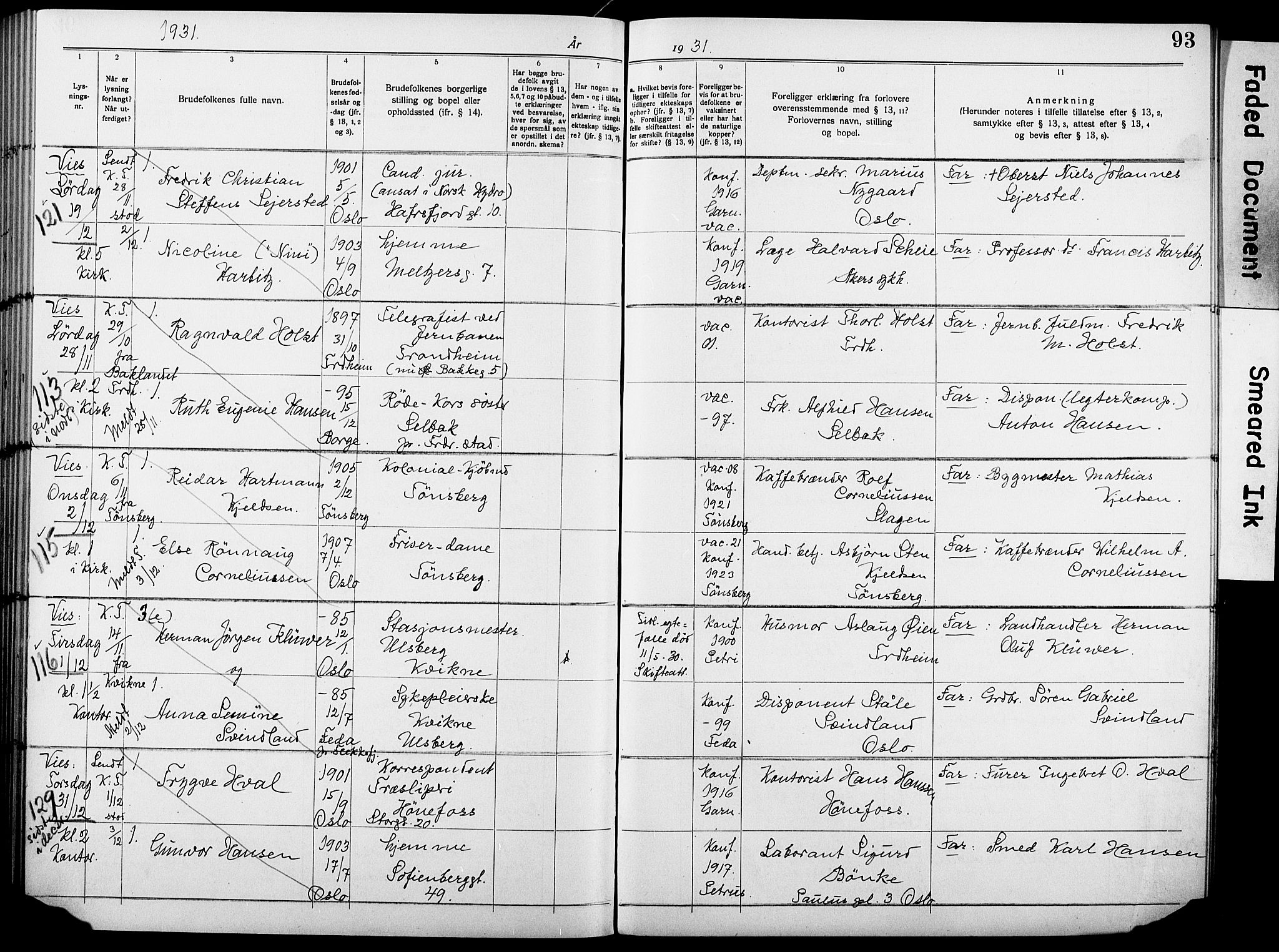 Garnisonsmenigheten Kirkebøker, AV/SAO-A-10846/H/Ha/L0010: Lysningsprotokoll nr. I 10, 1922-1932, s. 93