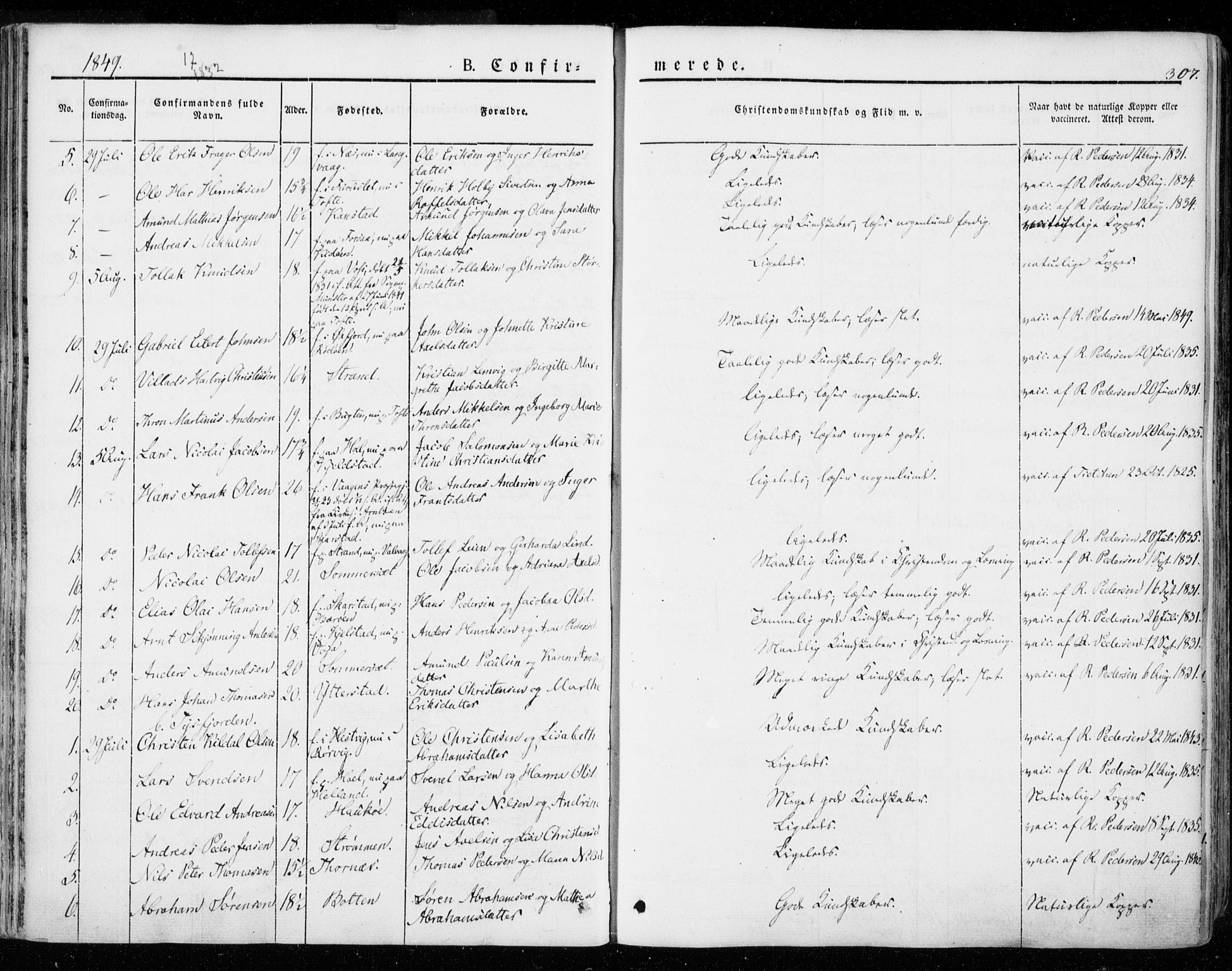 Ministerialprotokoller, klokkerbøker og fødselsregistre - Nordland, AV/SAT-A-1459/872/L1033: Ministerialbok nr. 872A08, 1840-1863, s. 307