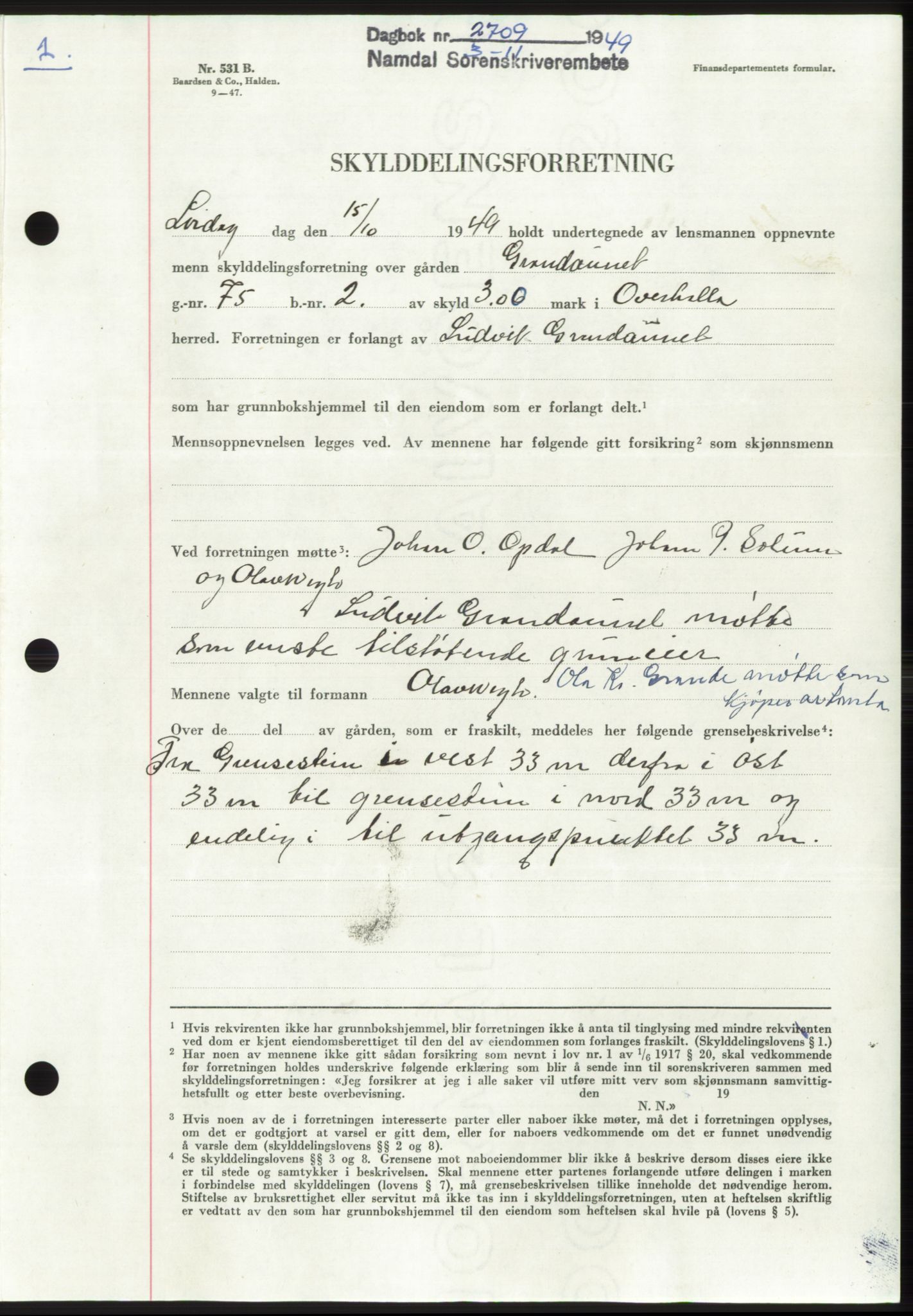 Namdal sorenskriveri, SAT/A-4133/1/2/2C: Pantebok nr. -, 1949-1949, Dagboknr: 2709/1949