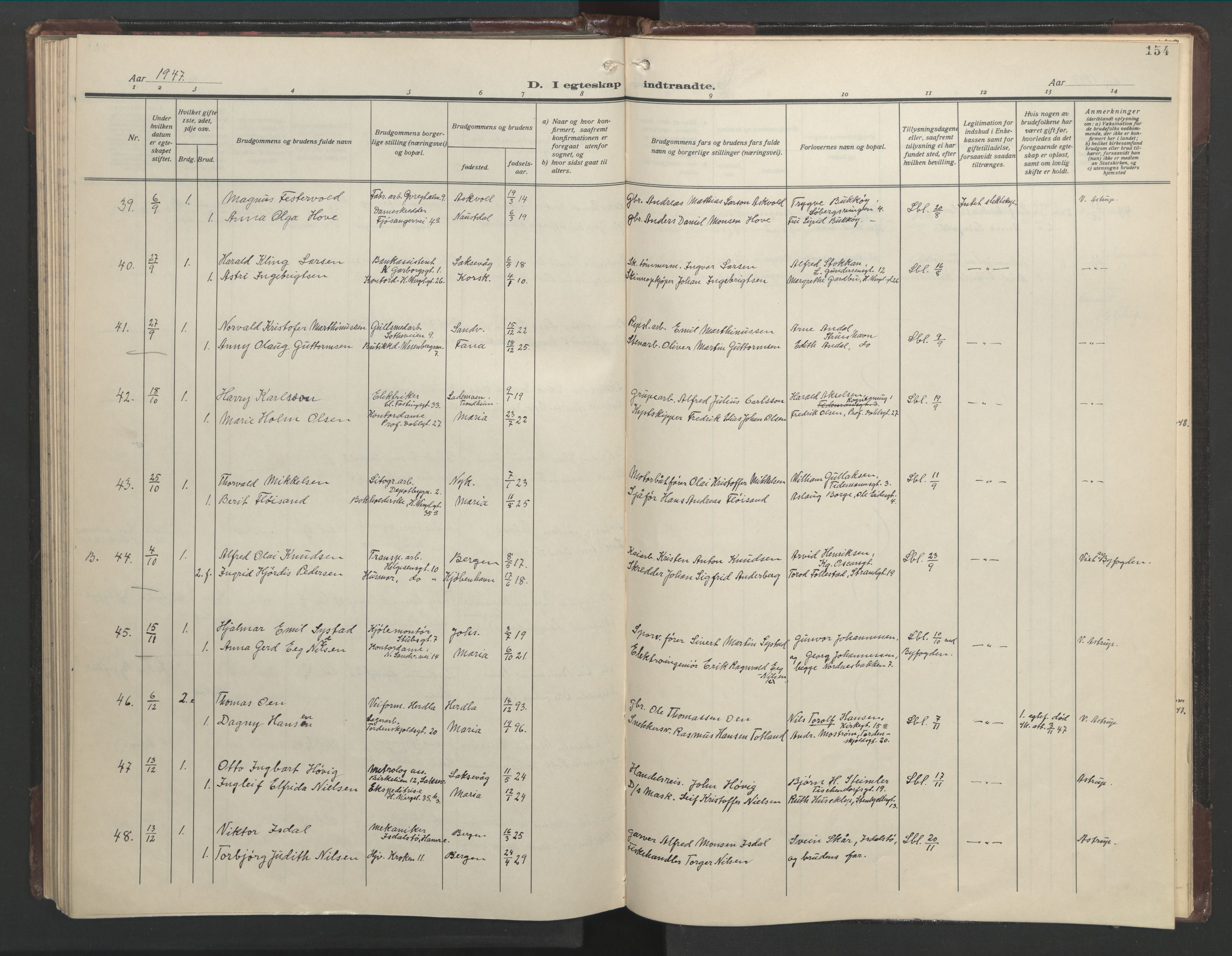 Mariakirken Sokneprestembete, AV/SAB-A-76901/H/Hab/L0011: Klokkerbok nr. A 11, 1938-1955, s. 153b-154a