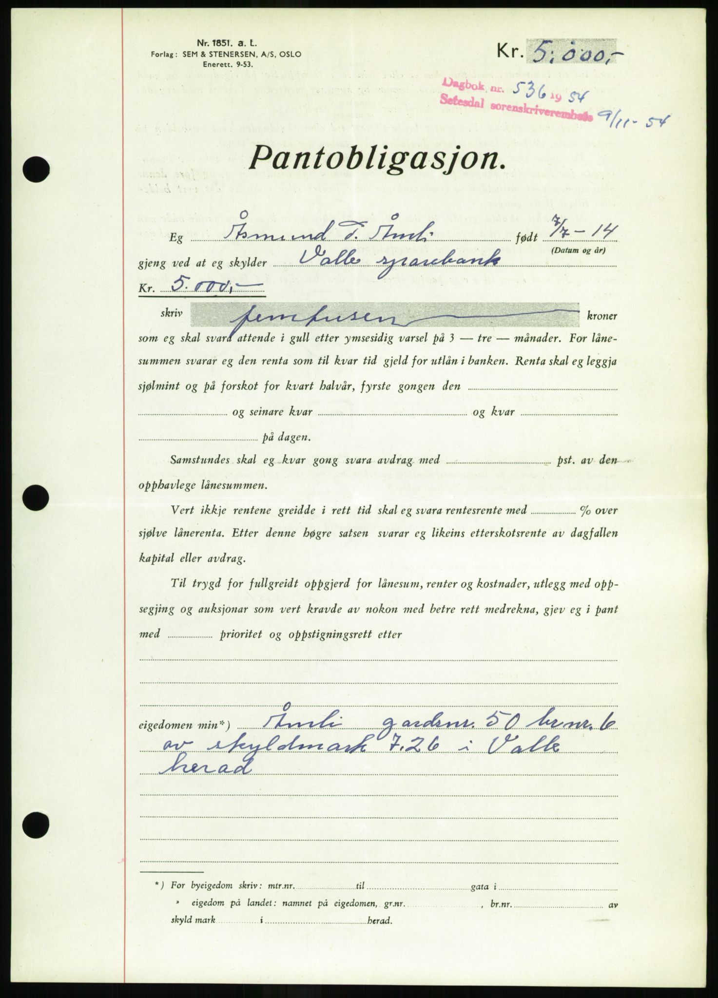 Setesdal sorenskriveri, SAK/1221-0011/G/Gb/L0052: Pantebok nr. B 40, 1954-1955, Dagboknr: 536/1954