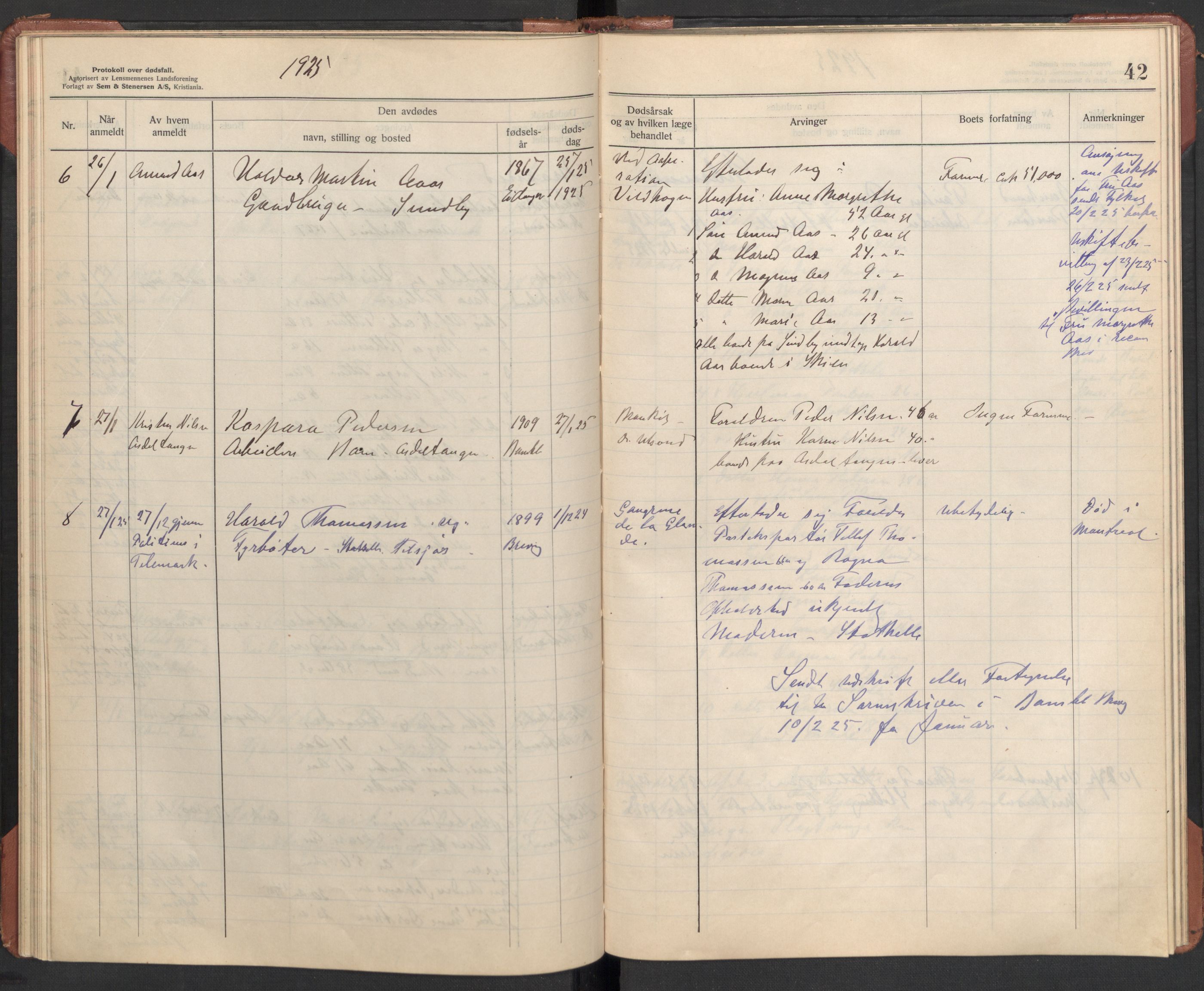 Bamble lensmannskontor, AV/SAKO-A-552/H/Ha/Haa/L0004: Dødsfallsprotokoll, 1923-1926, s. 42
