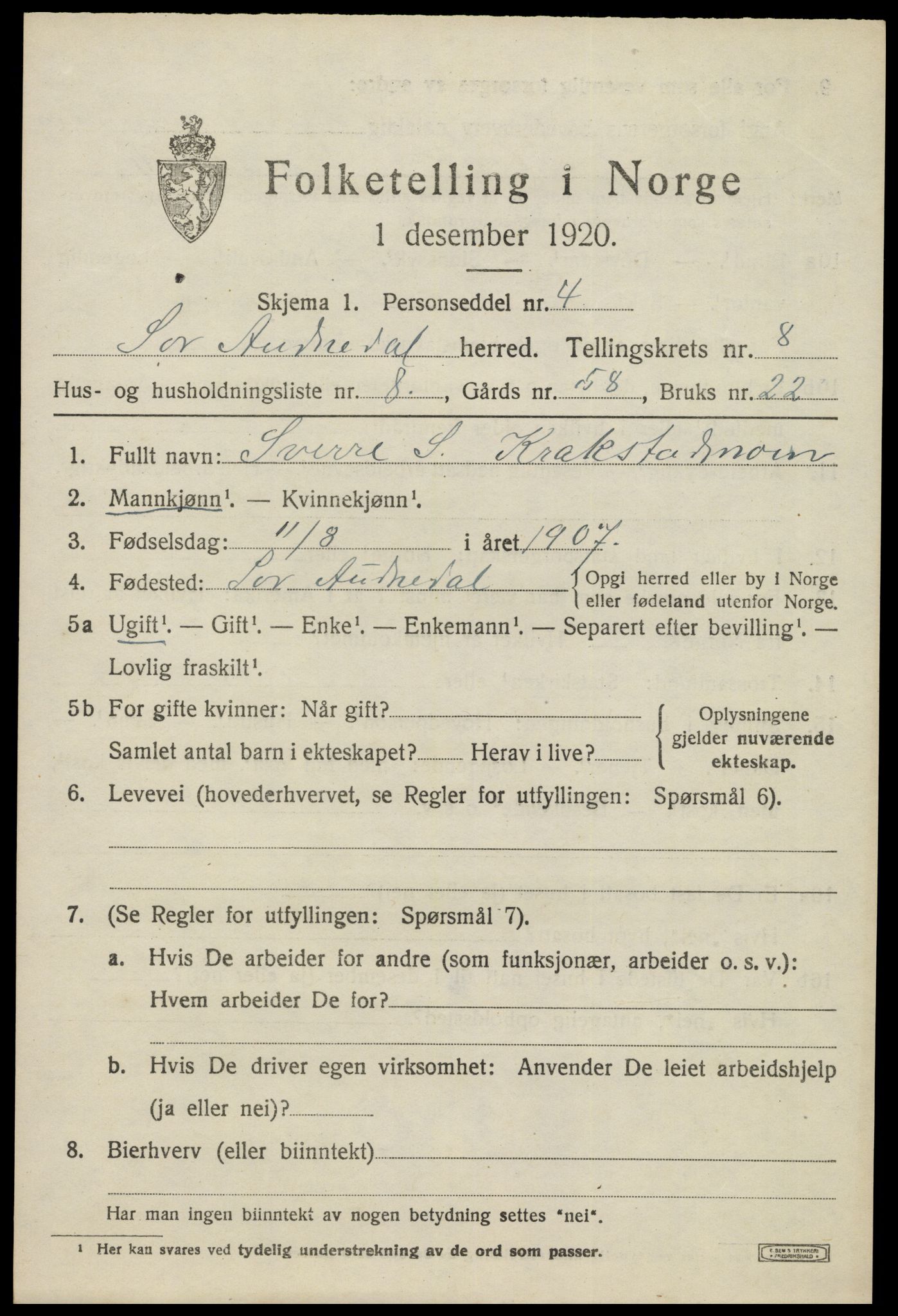 SAK, Folketelling 1920 for 1029 Sør-Audnedal herred, 1920, s. 3275