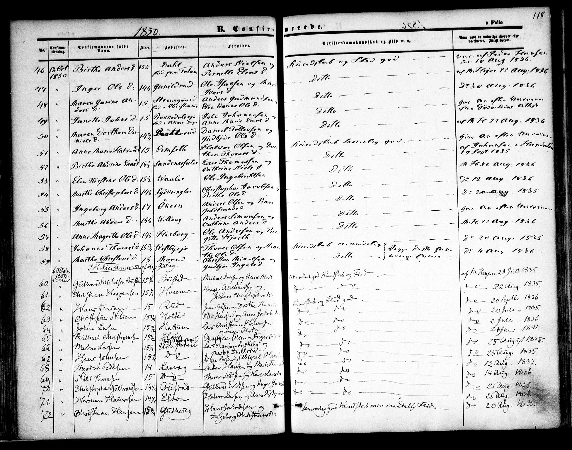 Nannestad prestekontor Kirkebøker, AV/SAO-A-10414a/F/Fa/L0011: Ministerialbok nr. I 11, 1850-1859, s. 118