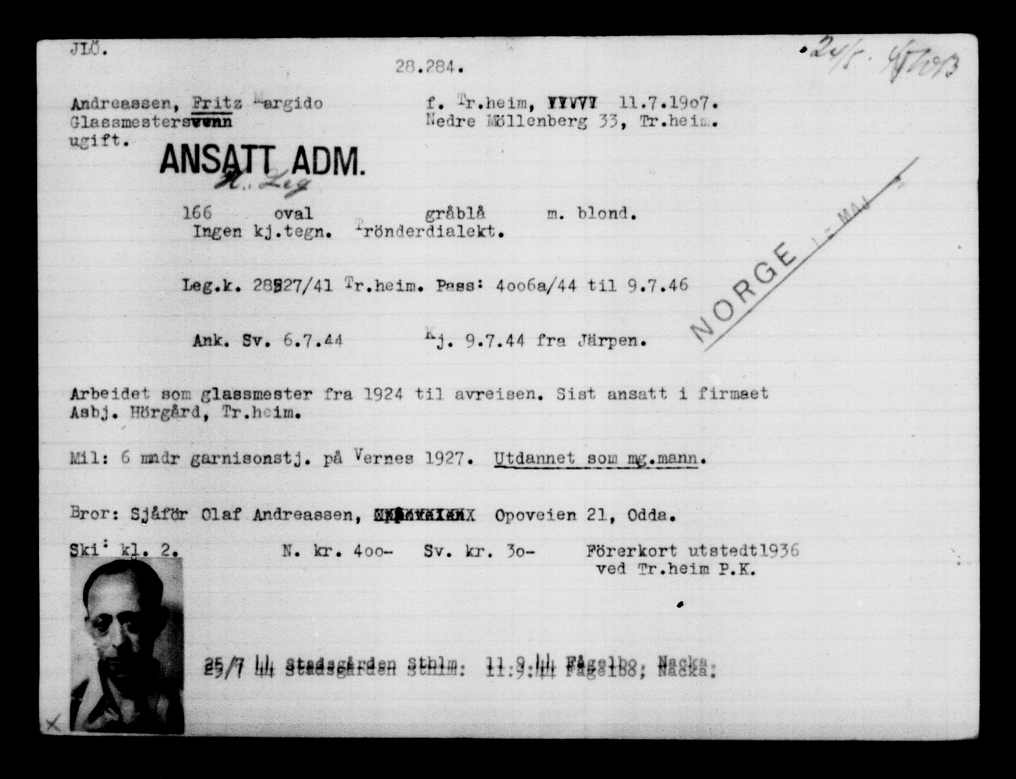 Utenriksstasjonene, Legasjonen i Stockholm, Flyktningkontoret, AV/RA-S-6753/V/Va/L0011: Kjesäterkartoteket, flyktninger med registreringsnr. 25300-28349, 1940-1945, s. 3181