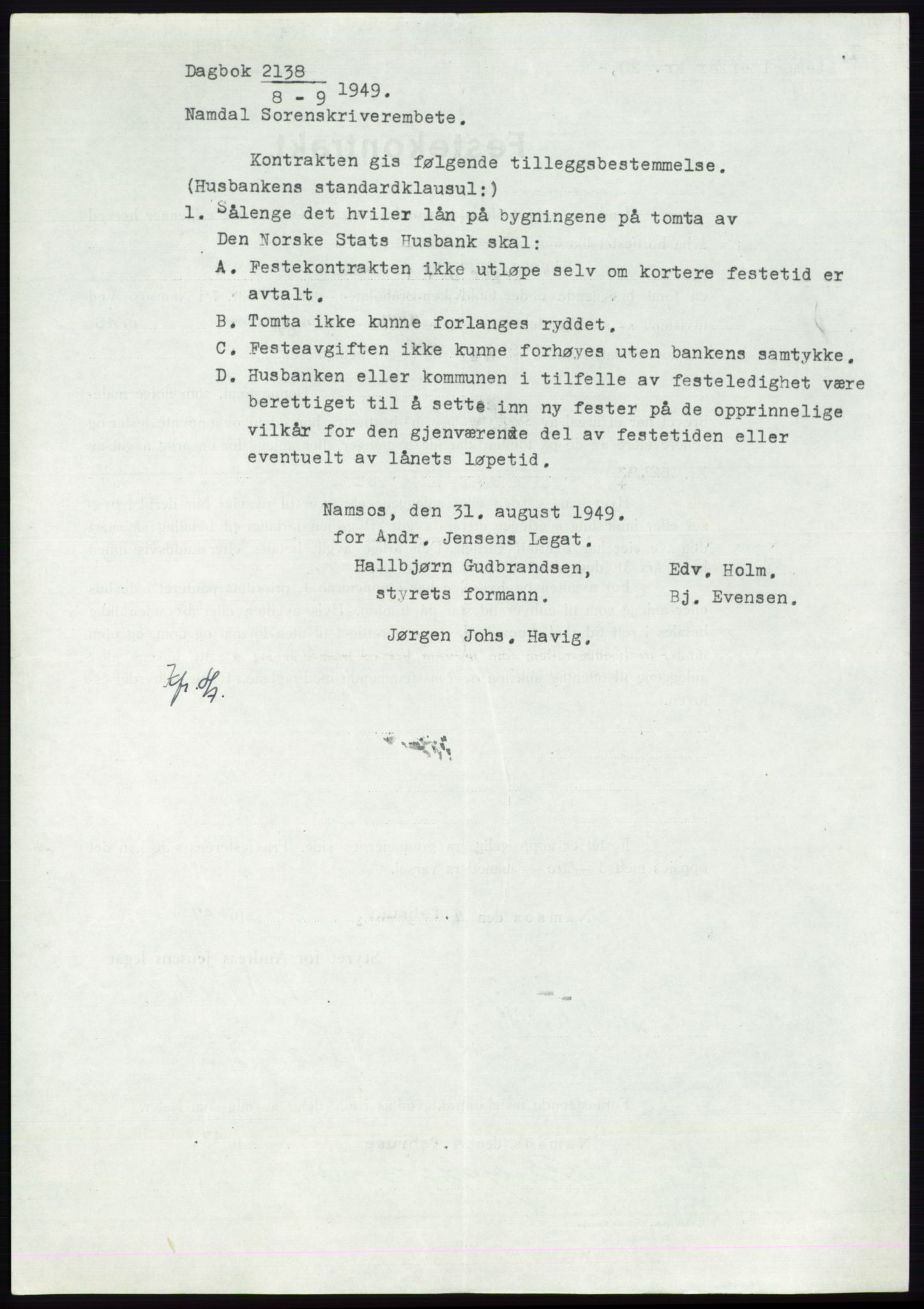 Namdal sorenskriveri, SAT/A-4133/1/2/2C: Pantebok nr. -, 1946-1947, Dagboknr: 2138/1947