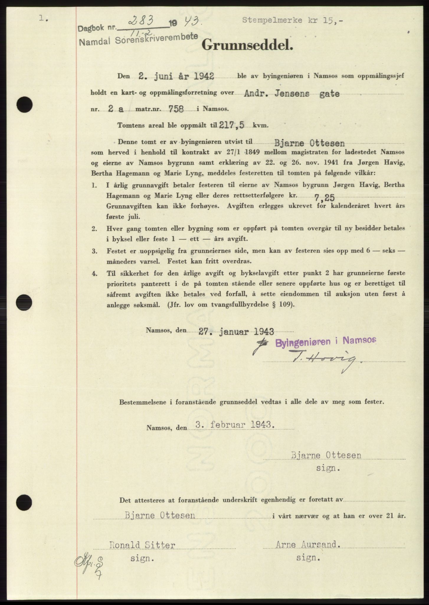 Namdal sorenskriveri, SAT/A-4133/1/2/2C: Pantebok nr. -, 1942-1943, Dagboknr: 283/1943