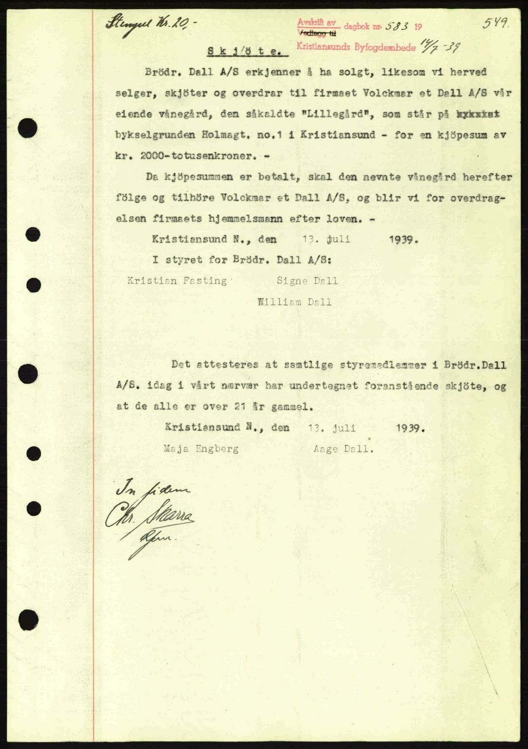 Kristiansund byfogd, SAT/A-4587/A/27: Pantebok nr. 30, 1936-1941, Dagboknr: 583/1939