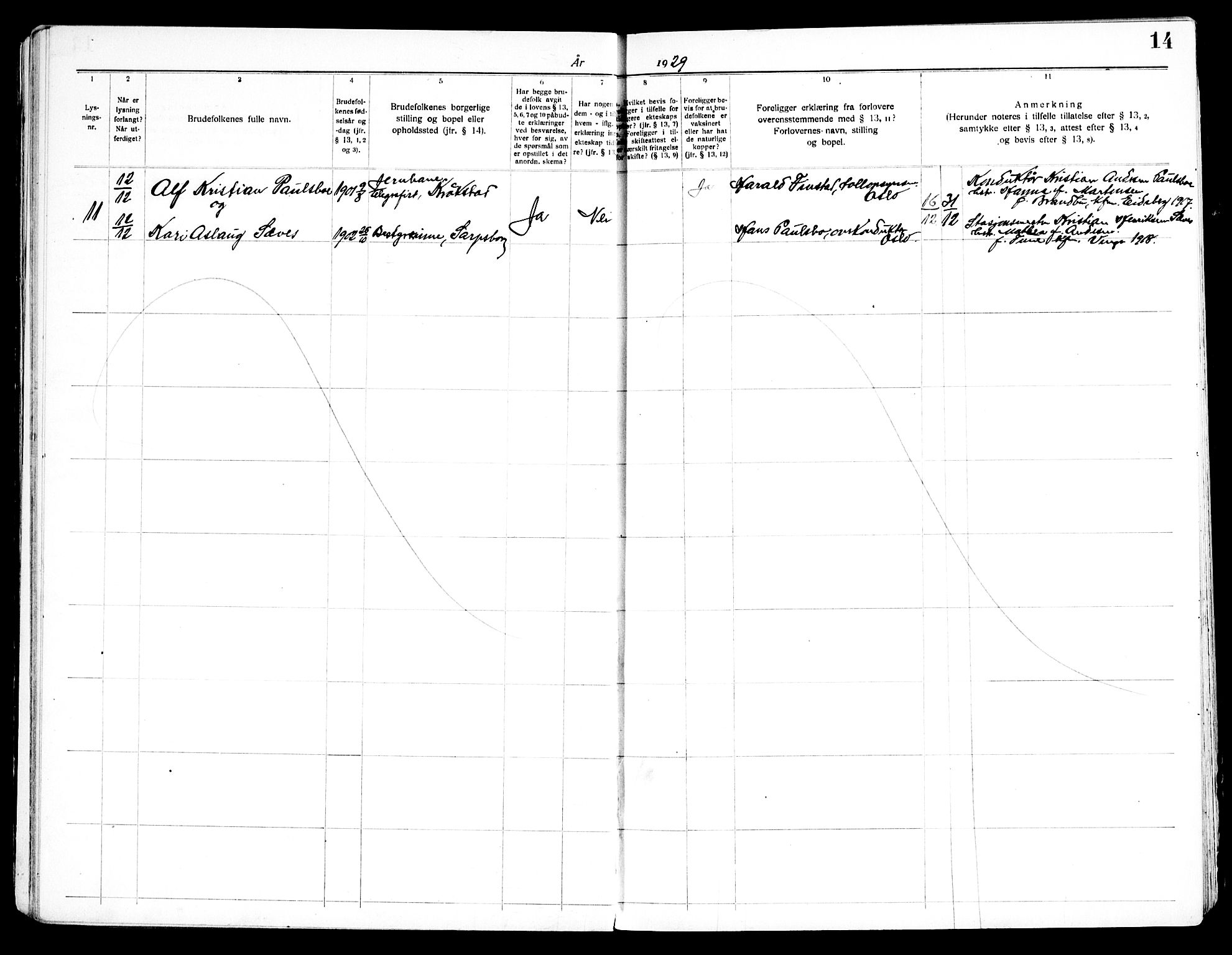 Kråkstad prestekontor Kirkebøker, SAO/A-10125a/H/Ha/L0001: Lysningsprotokoll nr. I 1, 1919-1969, s. 14