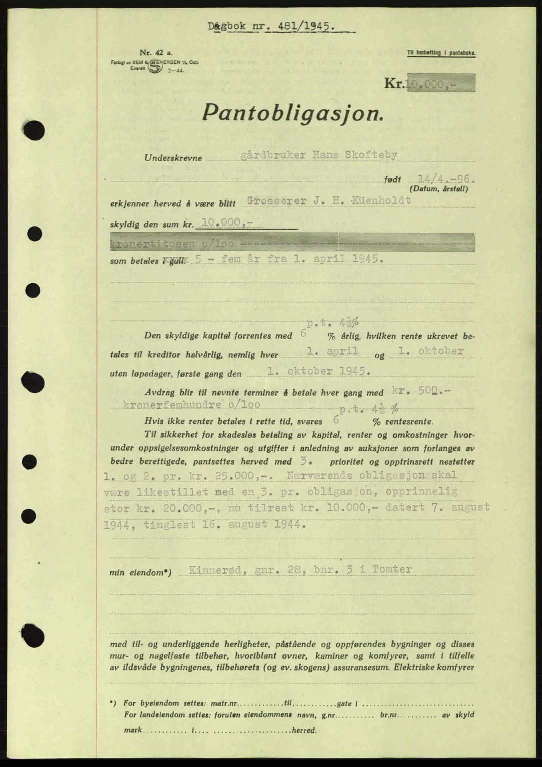 Moss sorenskriveri, SAO/A-10168: Pantebok nr. B13, 1943-1945, Dagboknr: 481/1945