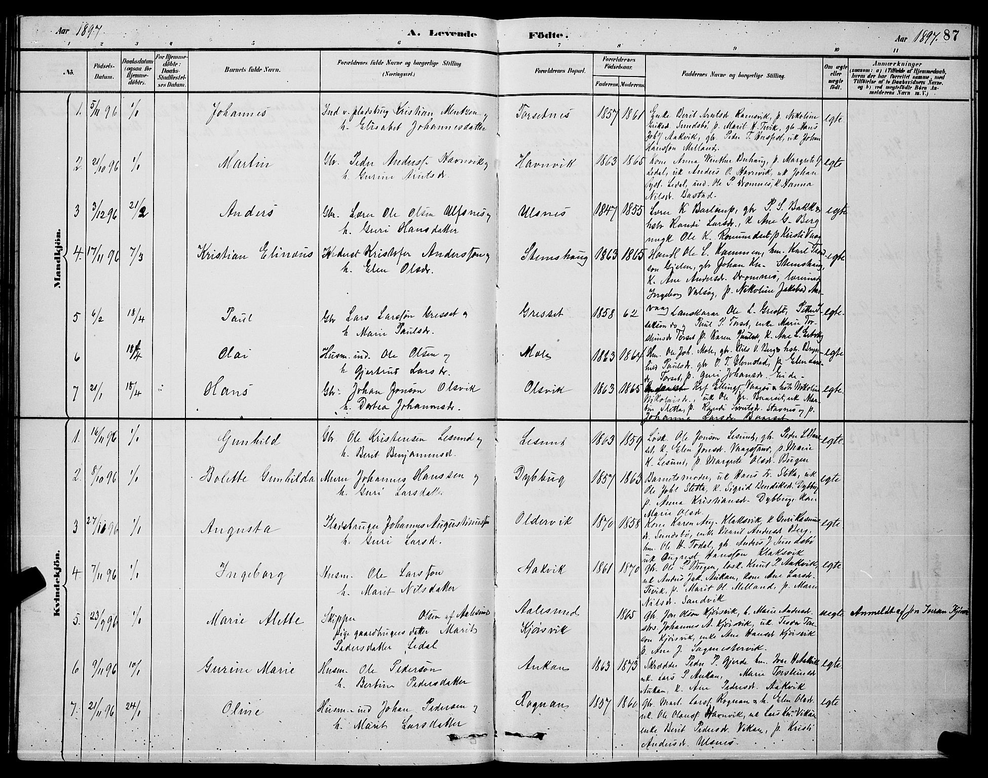 Ministerialprotokoller, klokkerbøker og fødselsregistre - Møre og Romsdal, AV/SAT-A-1454/578/L0909: Klokkerbok nr. 578C02, 1882-1900, s. 87