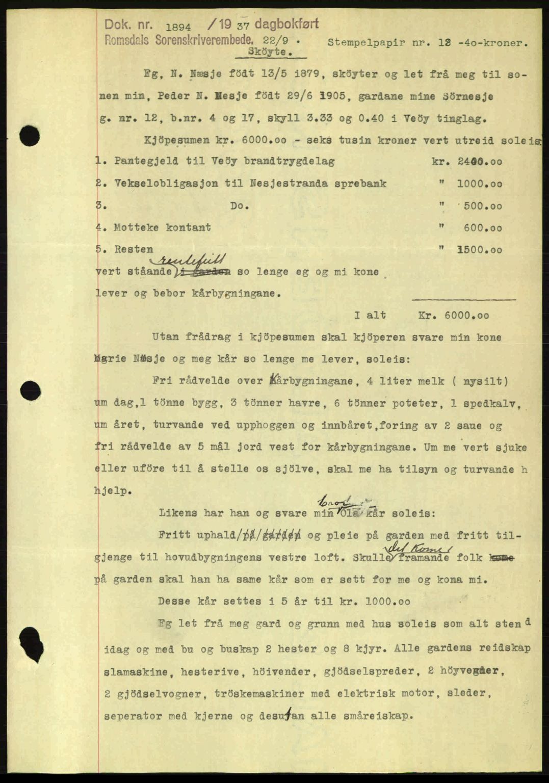 Romsdal sorenskriveri, SAT/A-4149/1/2/2C: Pantebok nr. A3, 1937-1937, Dagboknr: 1894/1937