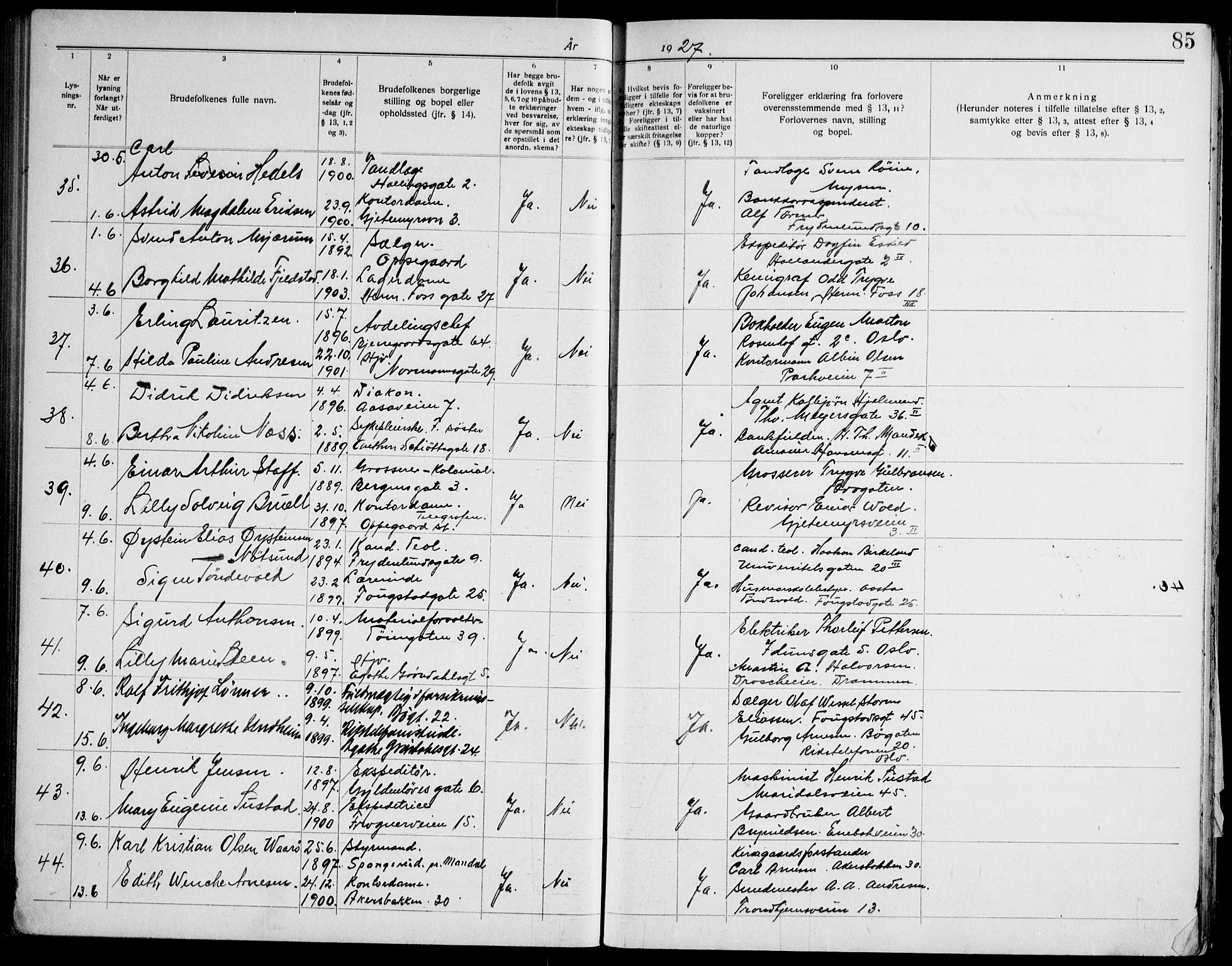 Gamle Aker prestekontor Kirkebøker, AV/SAO-A-10617a/H/L0006: Lysningsprotokoll nr. 6, 1920-1928, s. 85
