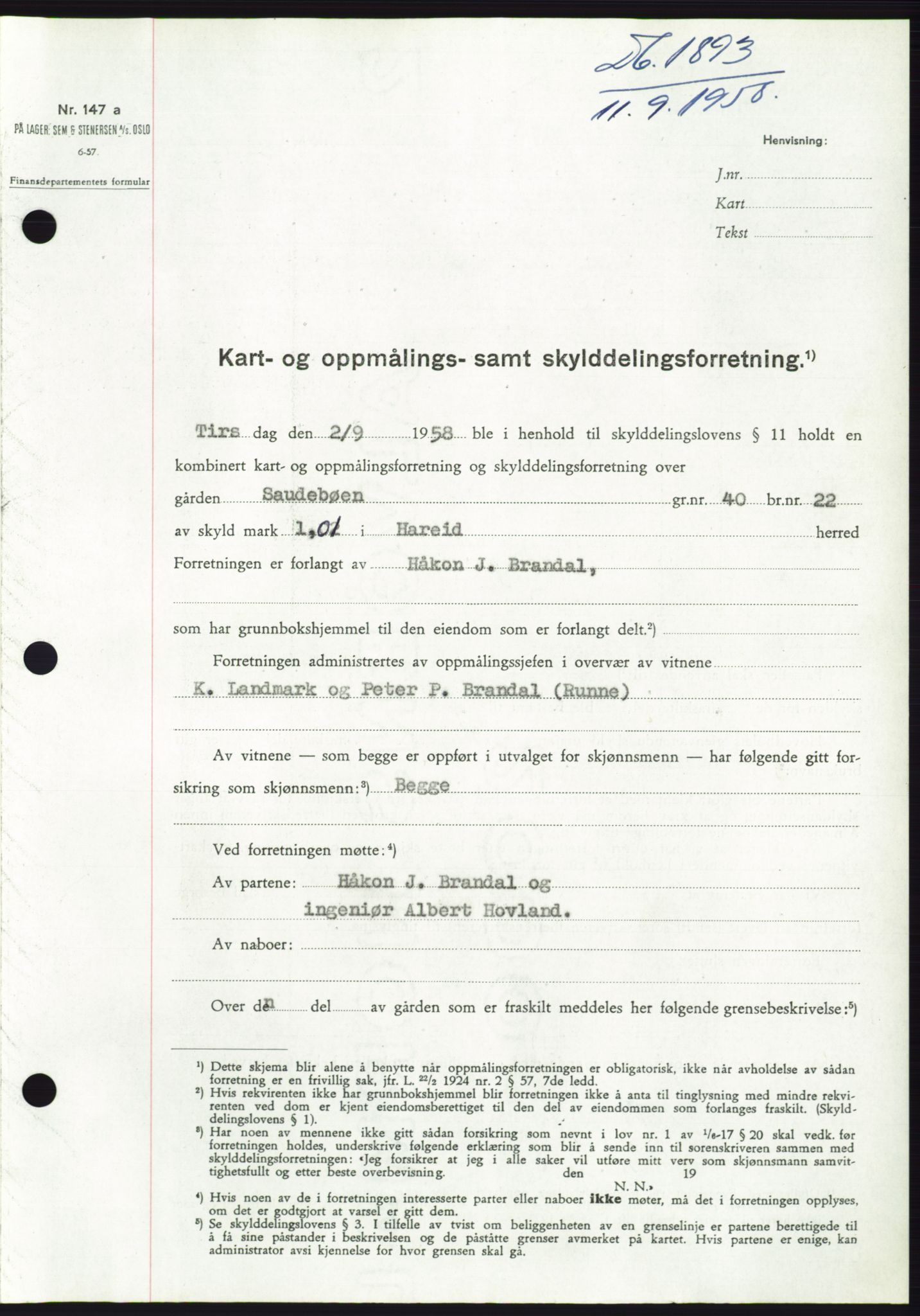 Søre Sunnmøre sorenskriveri, AV/SAT-A-4122/1/2/2C/L0110: Pantebok nr. 36A, 1958-1958, Dagboknr: 1893/1958