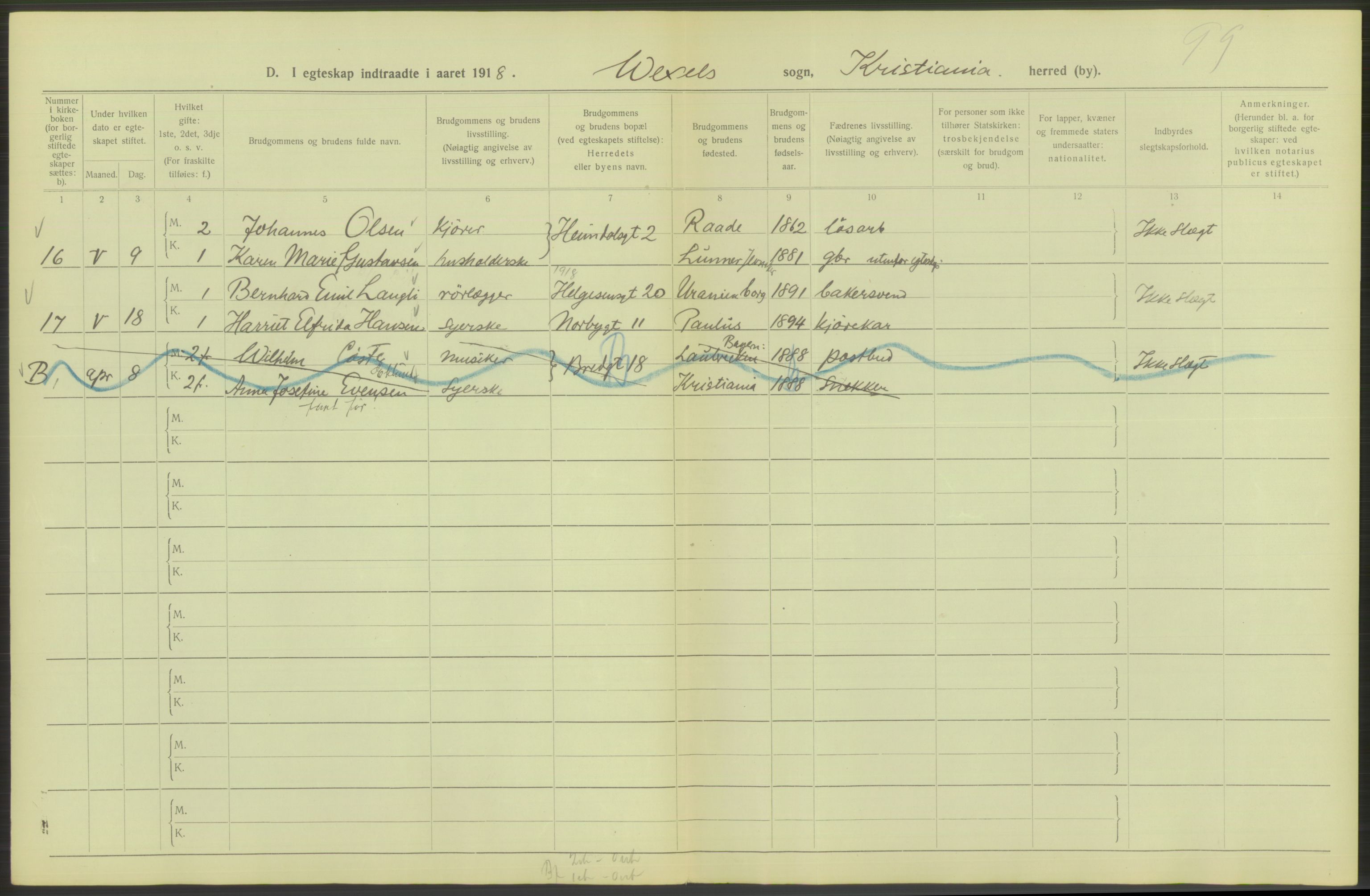 Statistisk sentralbyrå, Sosiodemografiske emner, Befolkning, AV/RA-S-2228/D/Df/Dfb/Dfbh/L0009: Kristiania: Gifte, 1918, s. 830