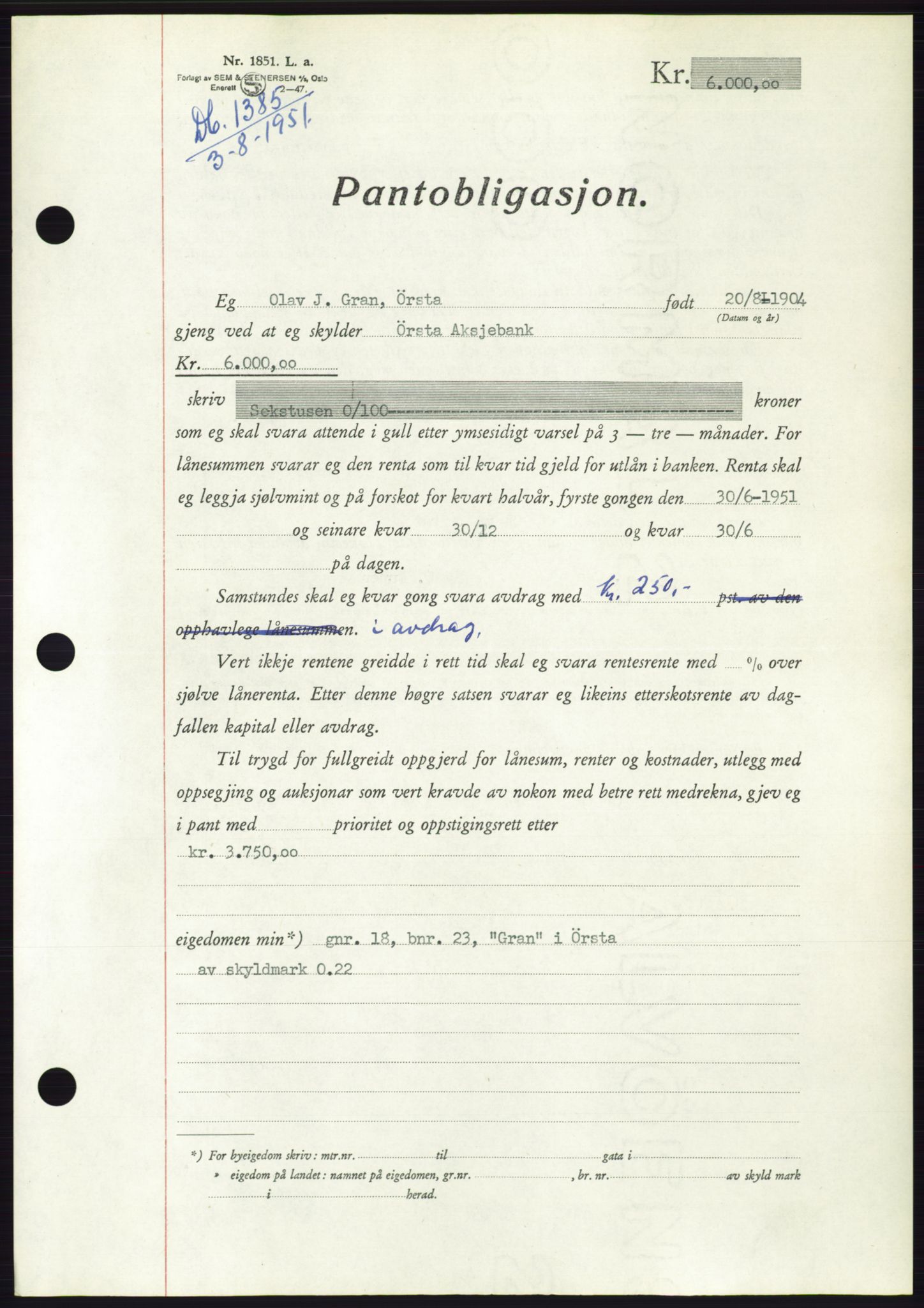 Søre Sunnmøre sorenskriveri, AV/SAT-A-4122/1/2/2C/L0120: Pantebok nr. 8B, 1951-1951, Dagboknr: 1385/1951