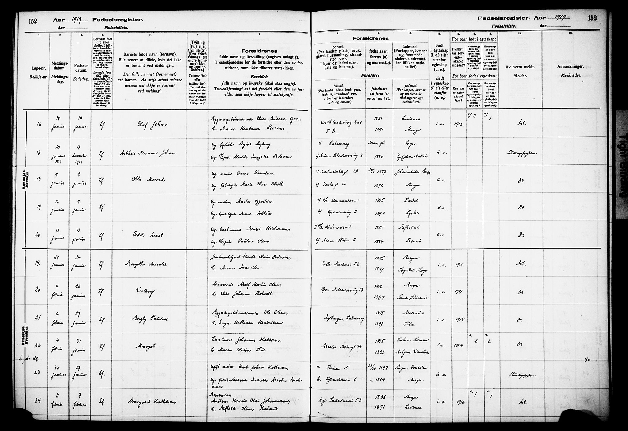 Kvinneklinikken, SAB/A-76301/F/L0A01: Fødselsregister nr. A 1, 1916-1920, s. 152