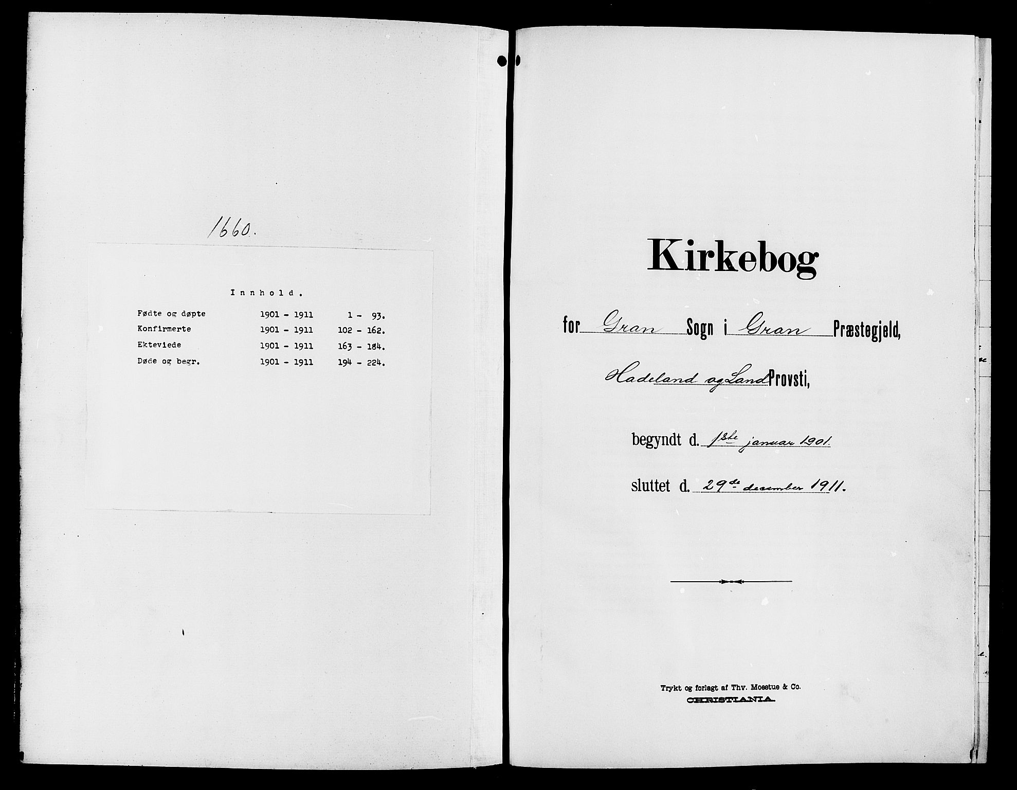Gran prestekontor, SAH/PREST-112/H/Ha/Hab/L0006: Klokkerbok nr. 6, 1901-1911