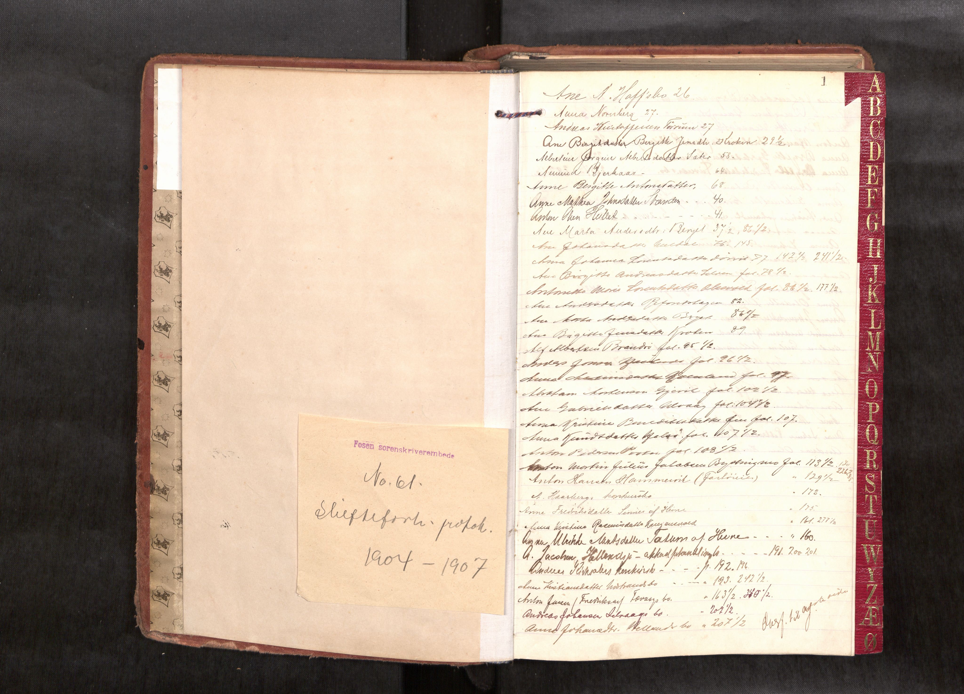 Fosen sorenskriveri, AV/SAT-A-1107/1/3/3B/L0008: Skiftebehandlingsprotokoll, 1904-1907, s. 1