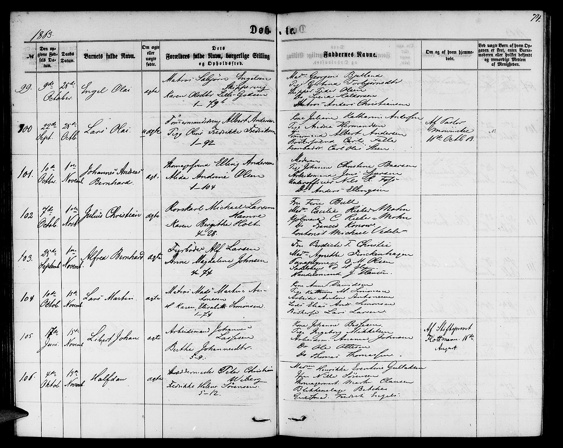 Nykirken Sokneprestembete, AV/SAB-A-77101/H/Hab: Klokkerbok nr. B 2, 1859-1868, s. 74