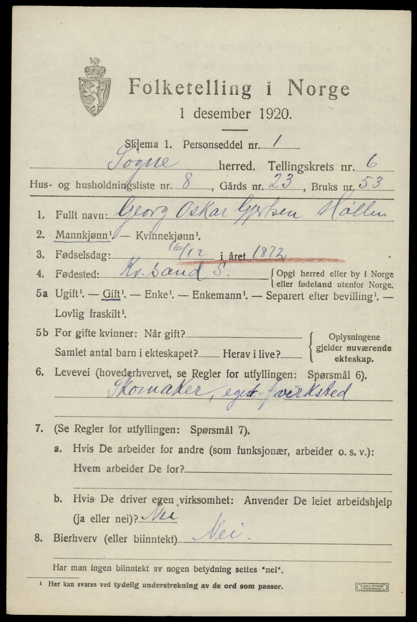 SAK, Folketelling 1920 for 1018 Søgne herred, 1920, s. 2817