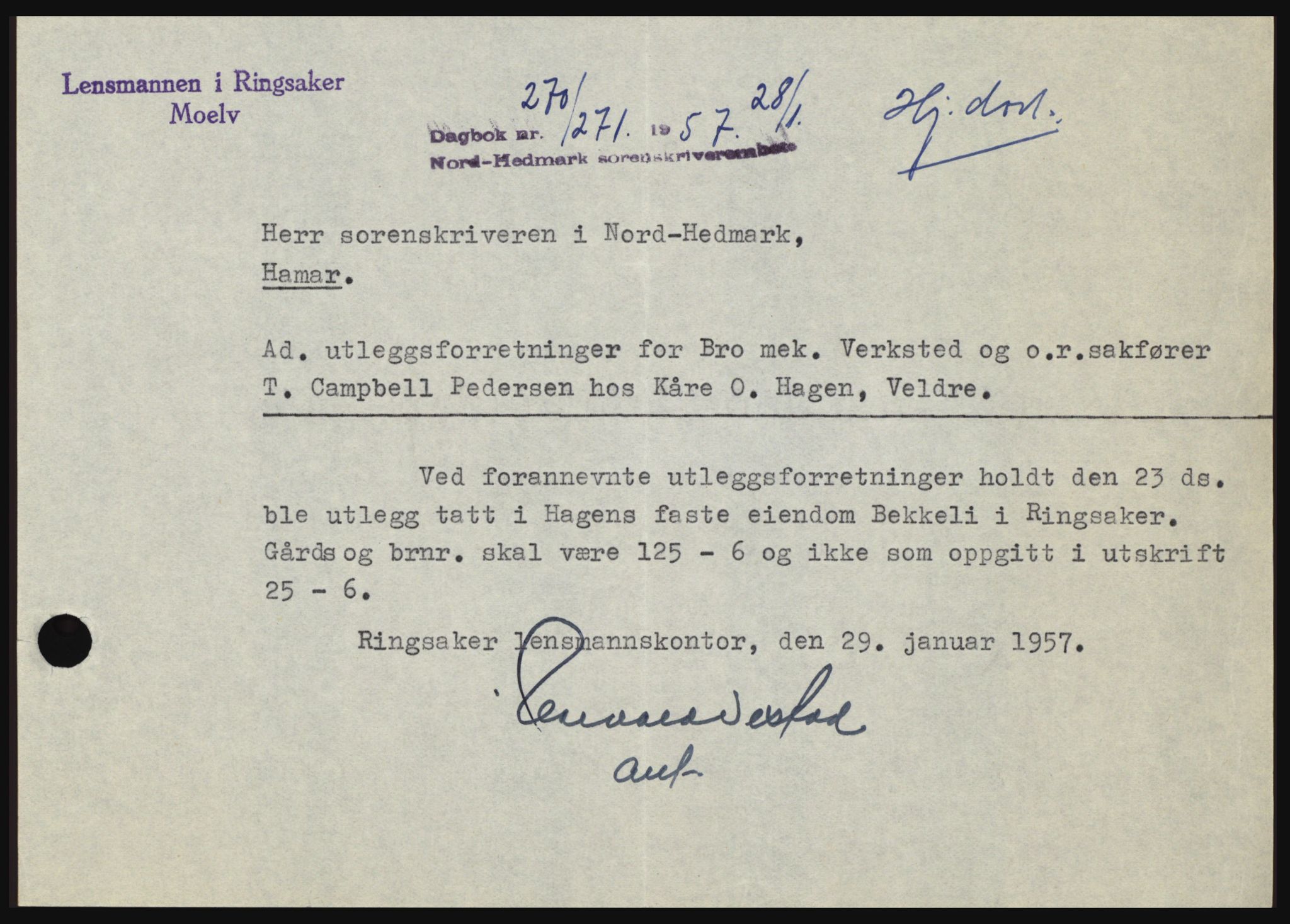 Nord-Hedmark sorenskriveri, SAH/TING-012/H/Hc/L0011: Pantebok nr. 11, 1956-1957, Dagboknr: 270/1957