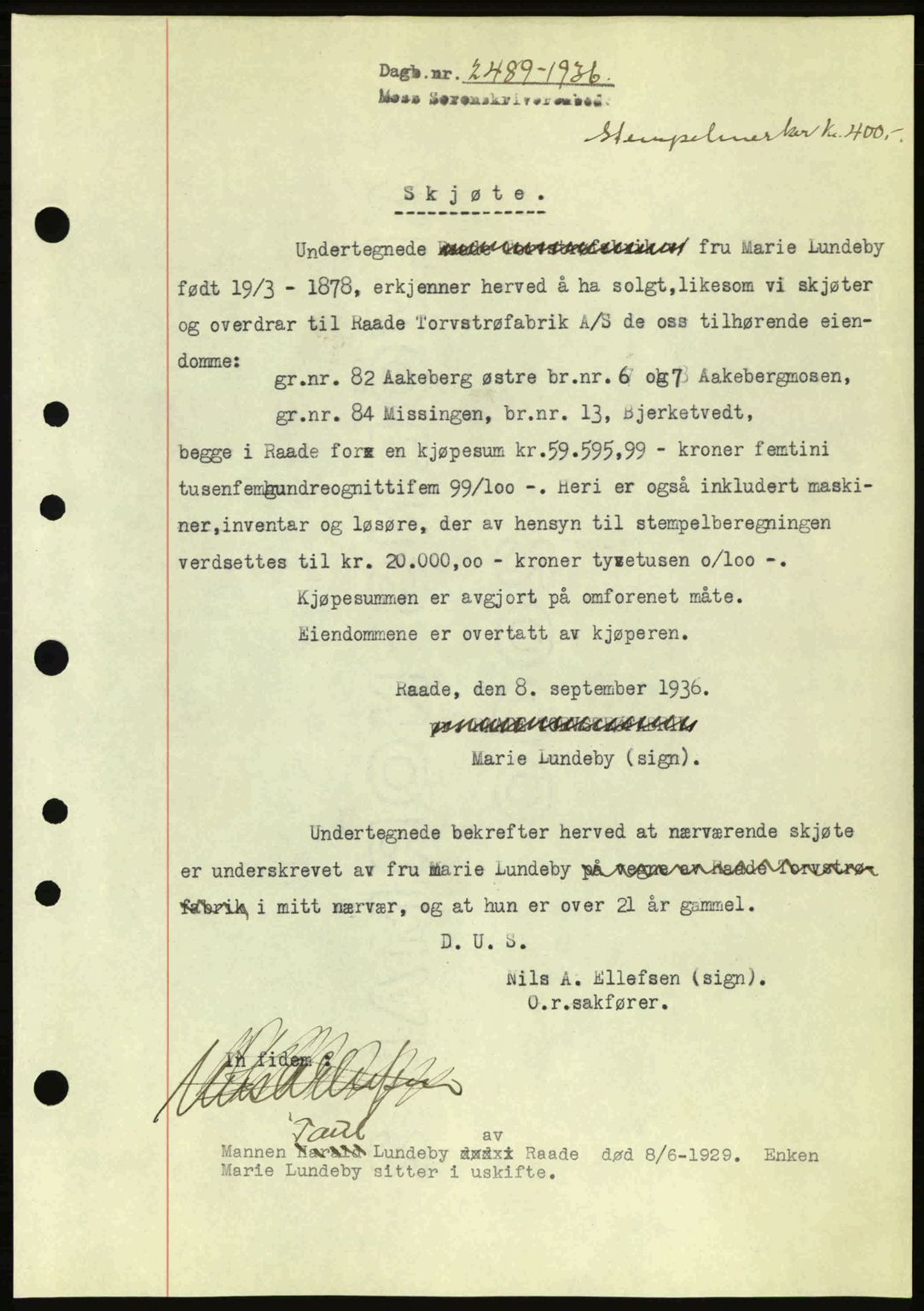 Moss sorenskriveri, SAO/A-10168: Pantebok nr. A2, 1936-1937, Dagboknr: 2489/1936