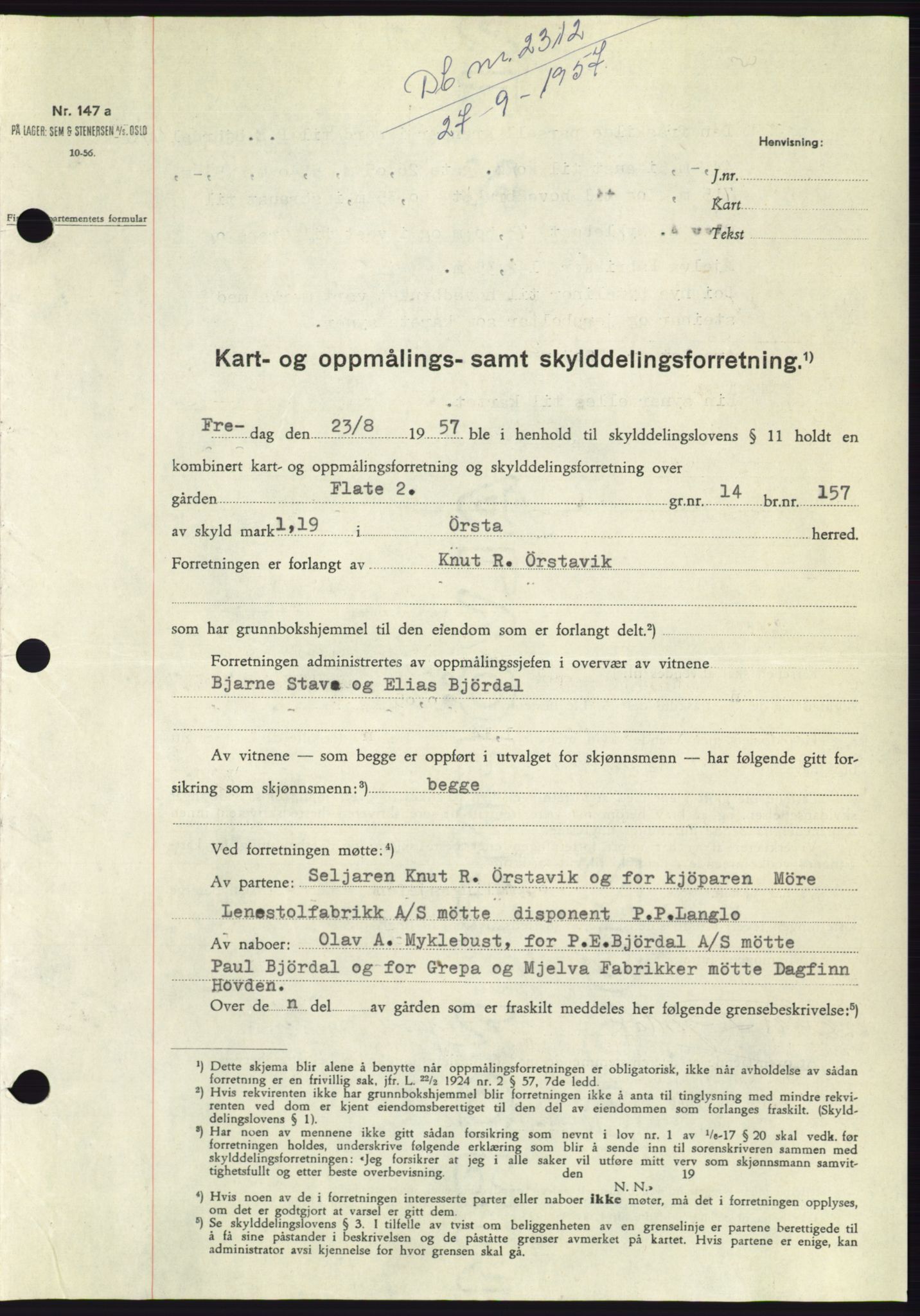 Søre Sunnmøre sorenskriveri, SAT/A-4122/1/2/2C/L0107: Pantebok nr. 33A, 1957-1957, Dagboknr: 2312/1957