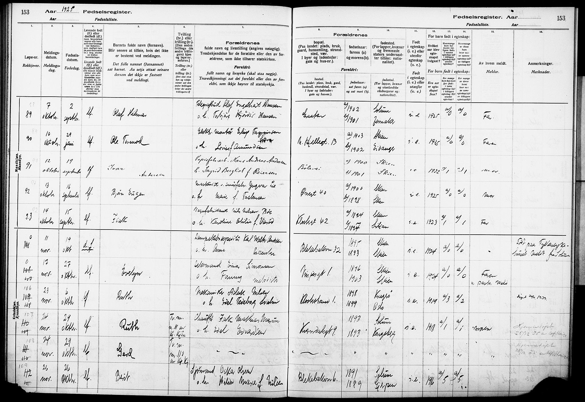 Skien kirkebøker, AV/SAKO-A-302/J/Ja/L0002: Fødselsregister nr. 2, 1921-1927, s. 153