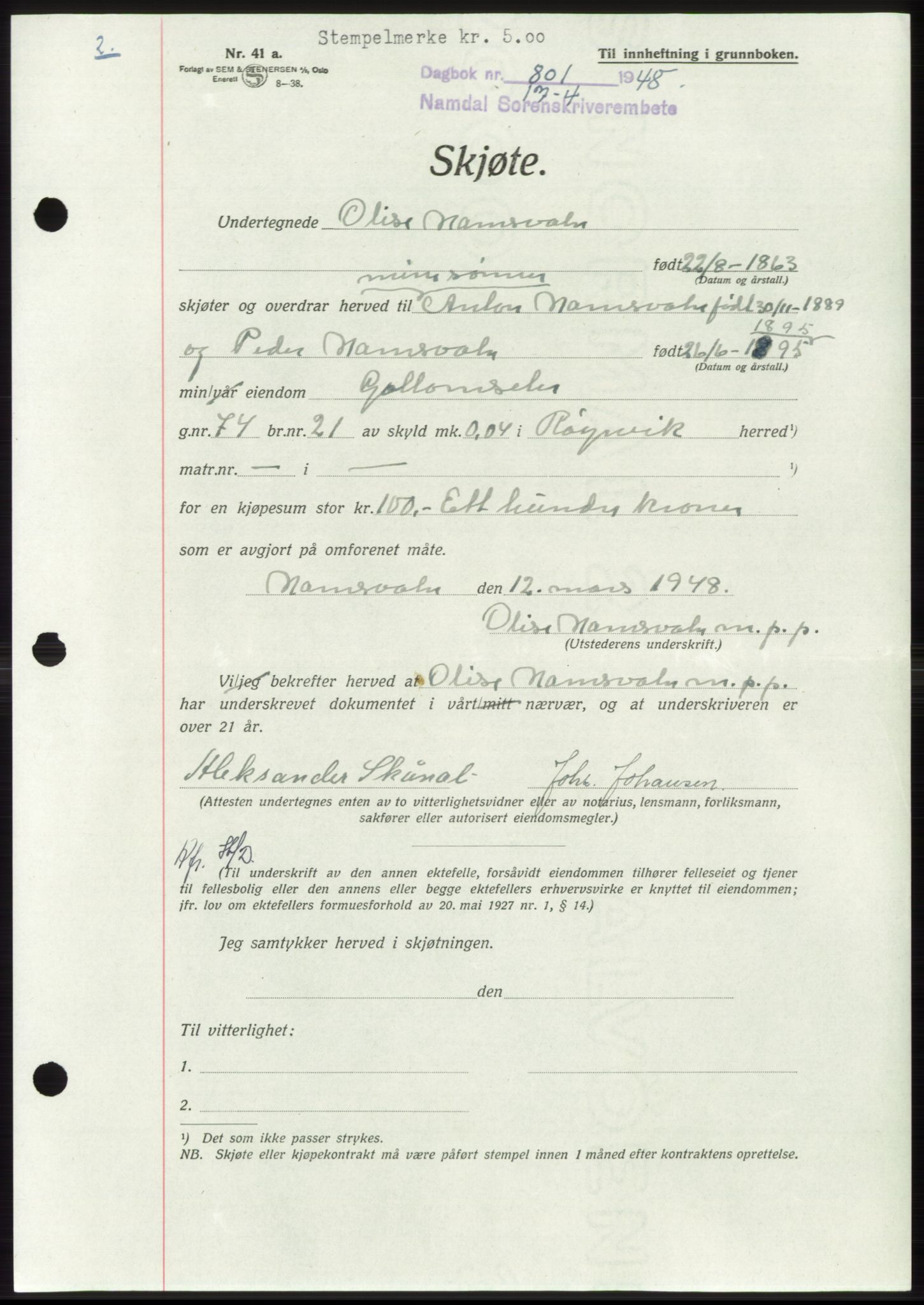 Namdal sorenskriveri, SAT/A-4133/1/2/2C: Pantebok nr. -, 1947-1948, Dagboknr: 801/1948