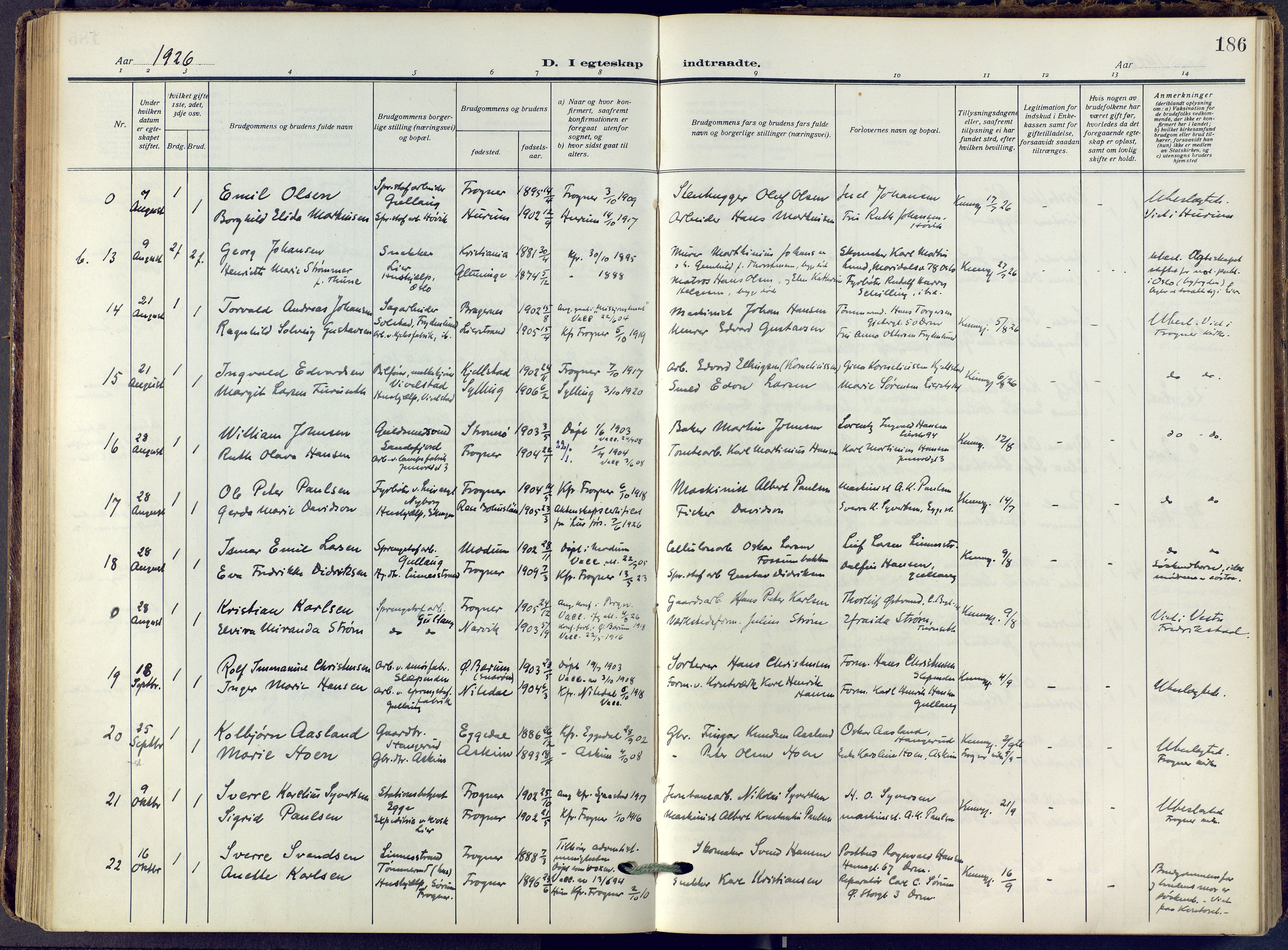 Lier kirkebøker, SAKO/A-230/F/Fa/L0019: Ministerialbok nr. I 19, 1918-1928, s. 186