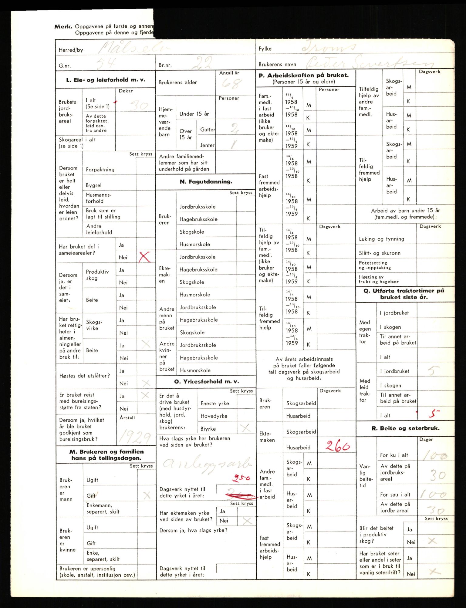 Statistisk sentralbyrå, Næringsøkonomiske emner, Jordbruk, skogbruk, jakt, fiske og fangst, AV/RA-S-2234/G/Gd/L0655: Troms: 1924 Målselv (kl. 4-10), 1959, s. 1165